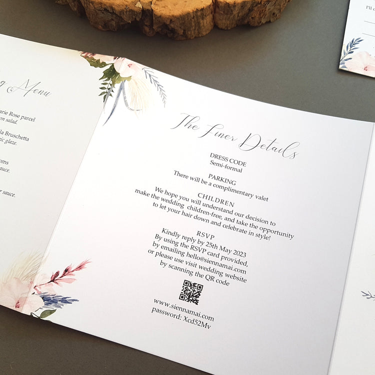 Blue Pink Boho Trifold Wedding Invitations - Bohemian Style