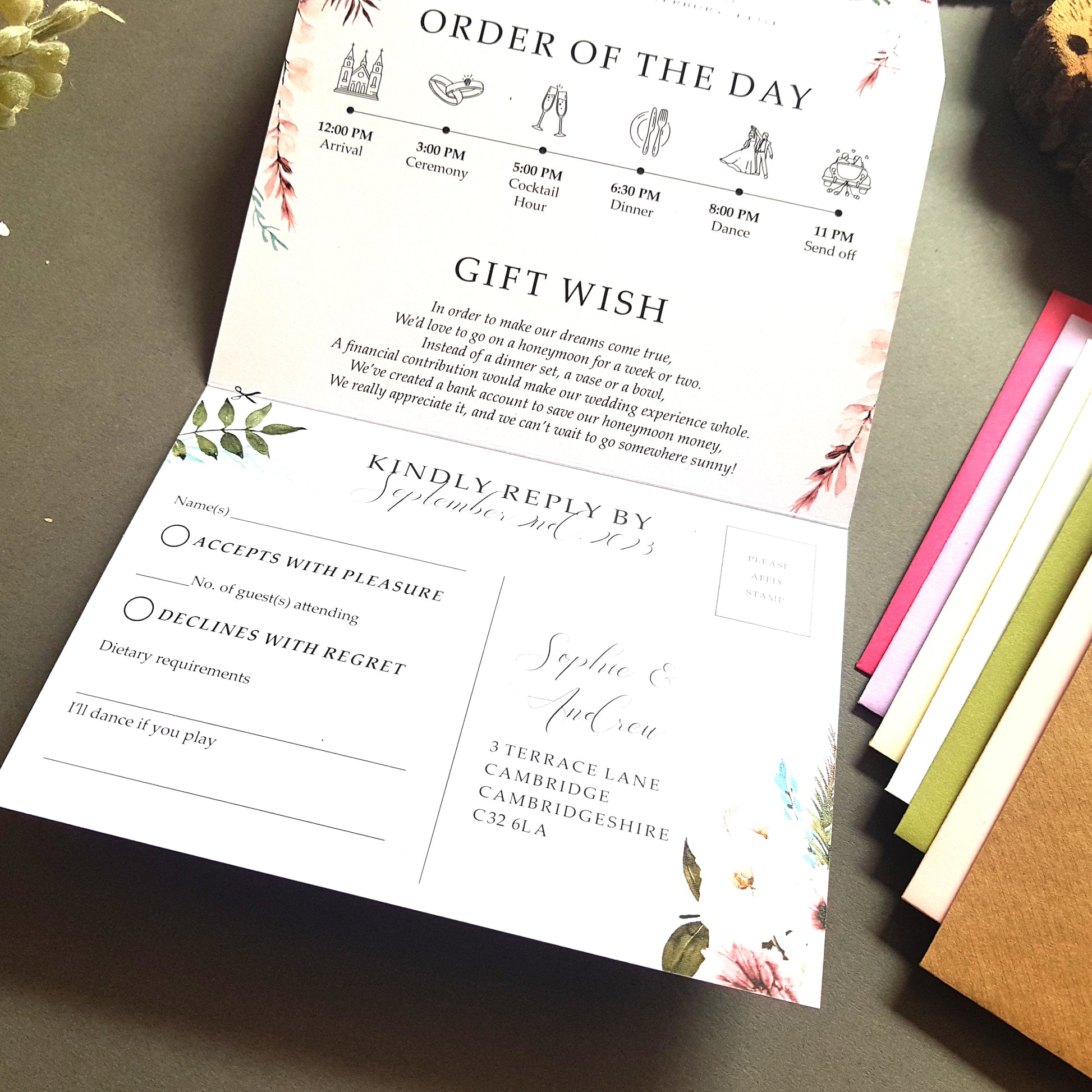 blue and pink boho wedding invitation sample