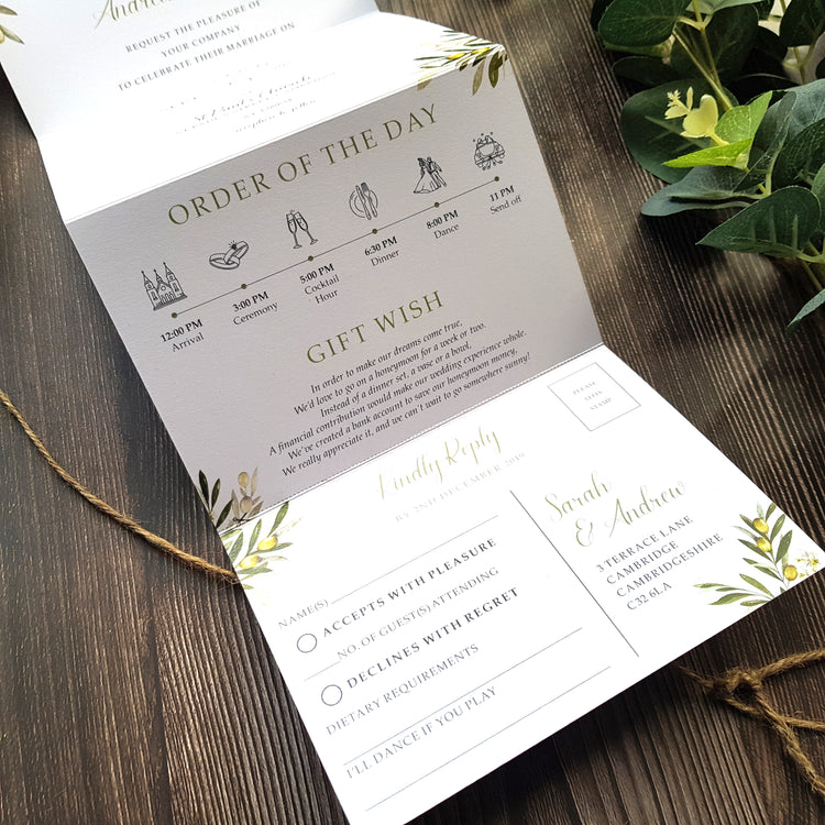 Olive Concertina Wedding and Evening Invitation