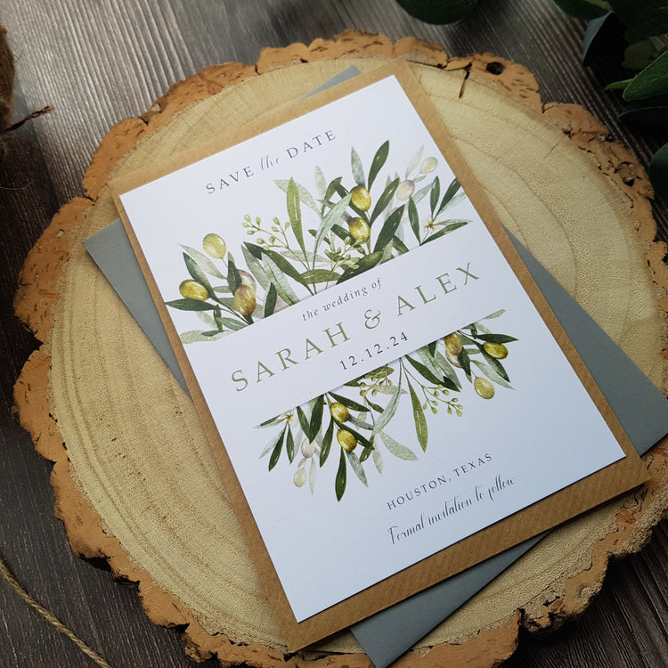 Olive save the dates with envelopes. Perfect for a wedding abroad in cyprus, mediterranean