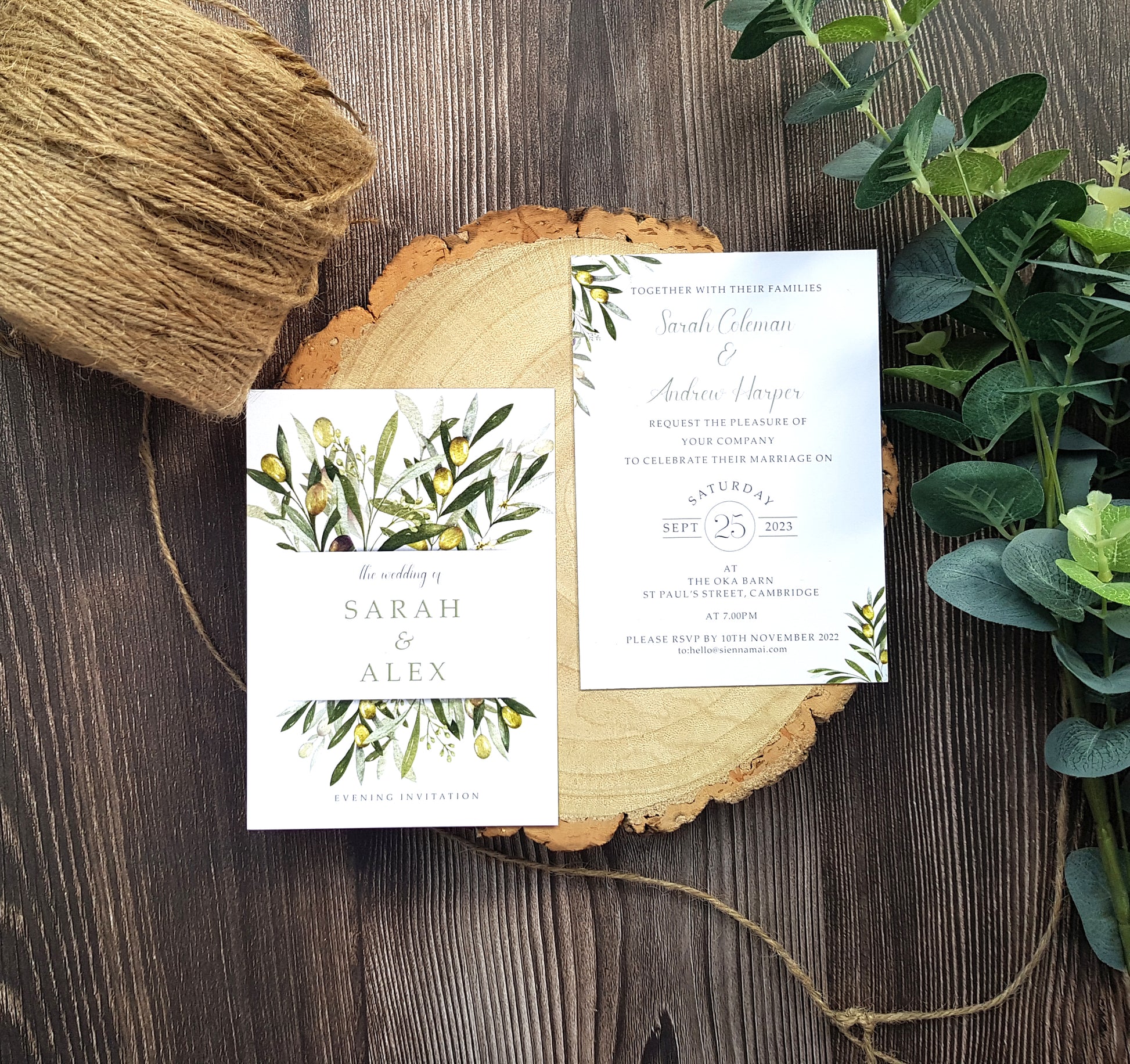 Olive flat card wedding invitations with envelopes