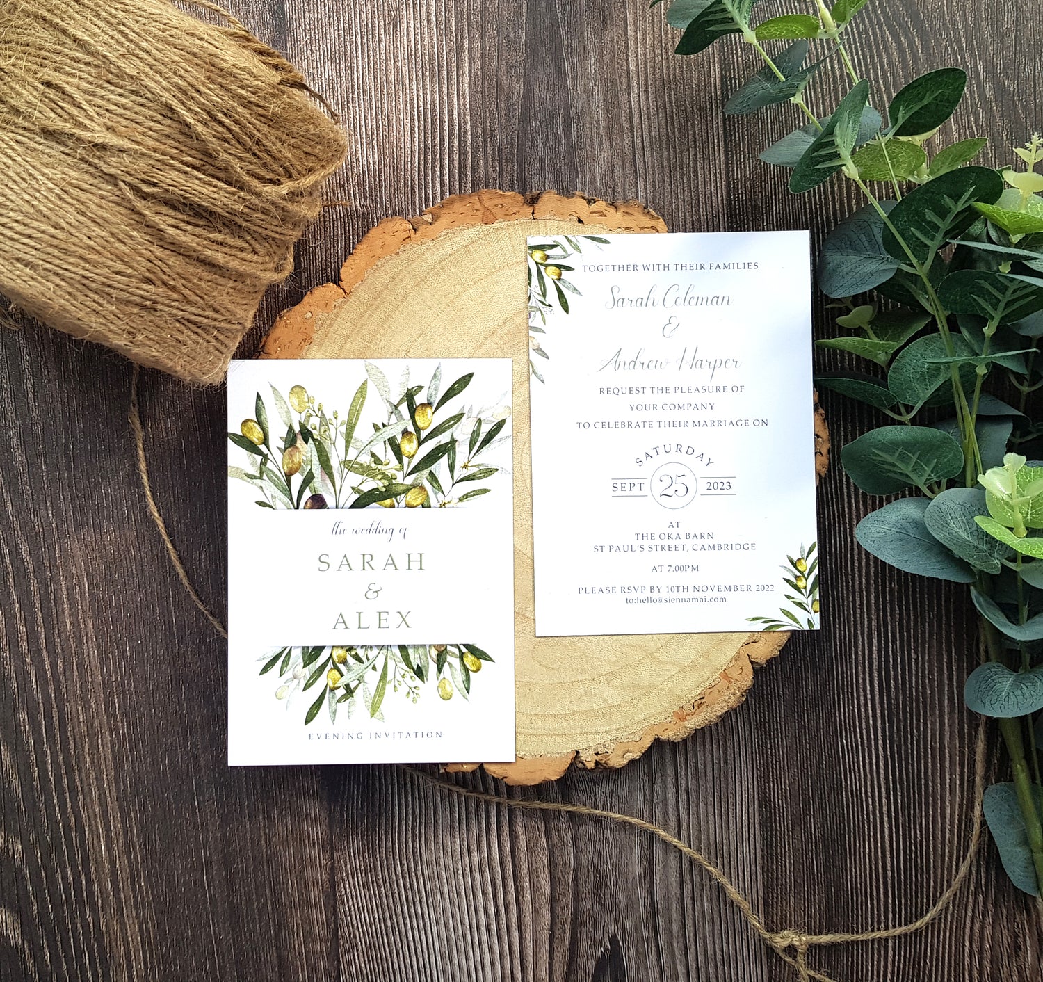 Olive flat card wedding invitations with envelopes