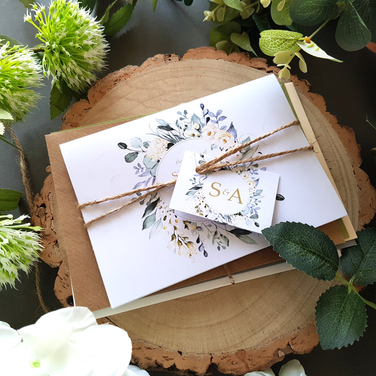 Blue and white floral concertina wedding invitations with envelopes