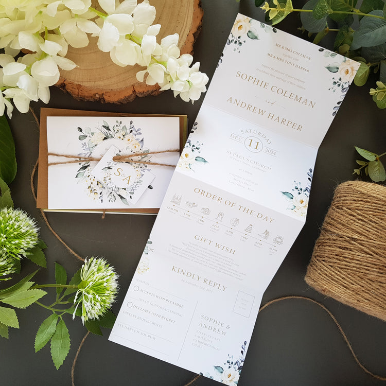 Blue and white floral concertina wedding invitations with envelopes