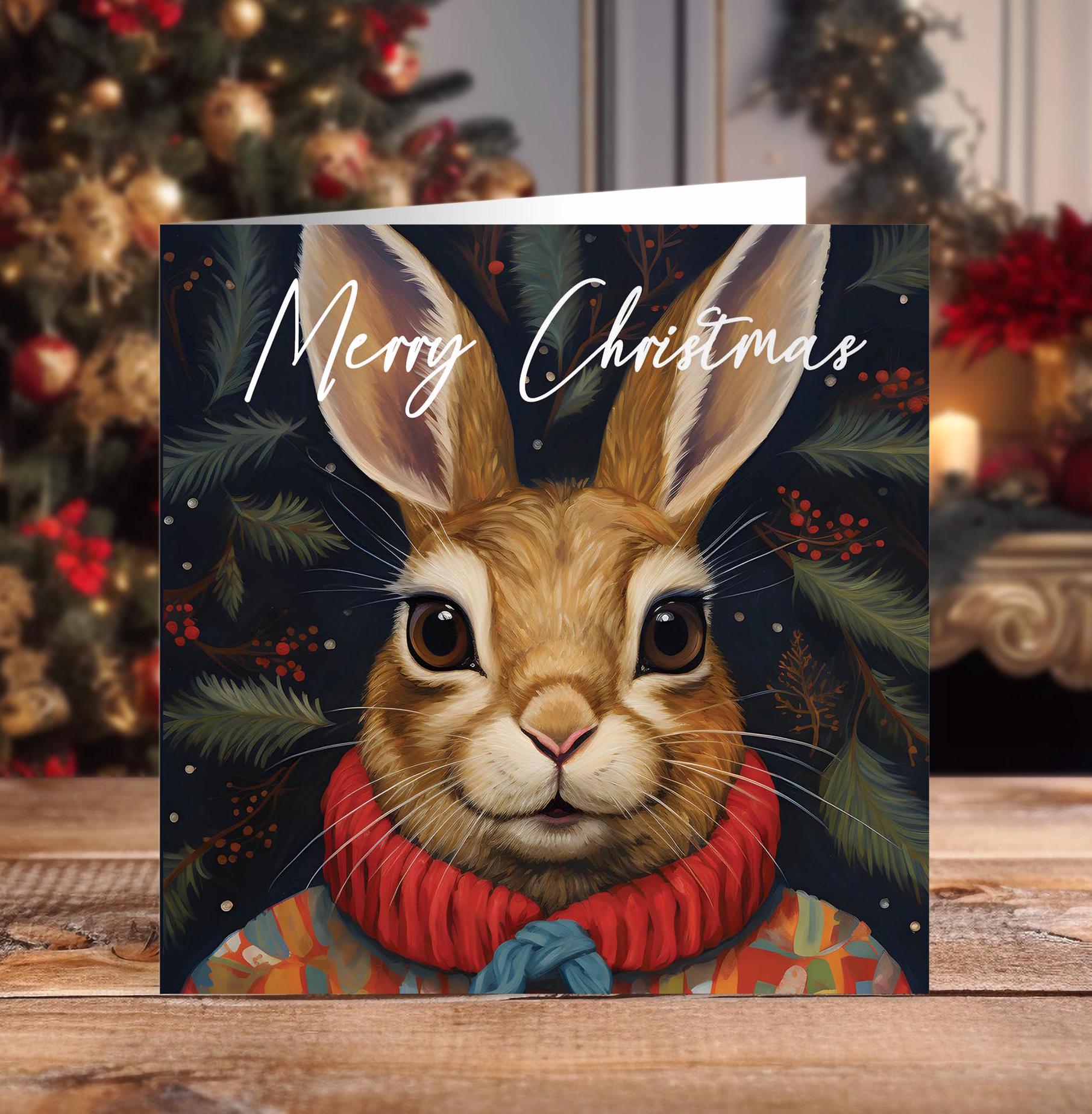 Hare handmade christmas card with kraft envelopes square design and optional personalisation