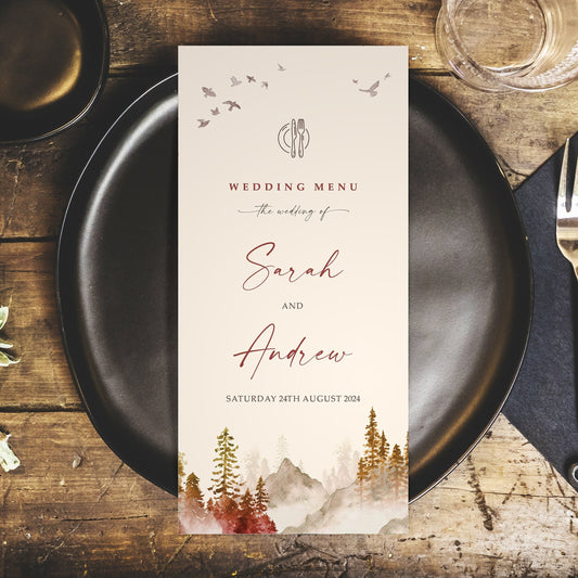 Autumn wedding menus for venue - wedding decor - autumn fall forest design