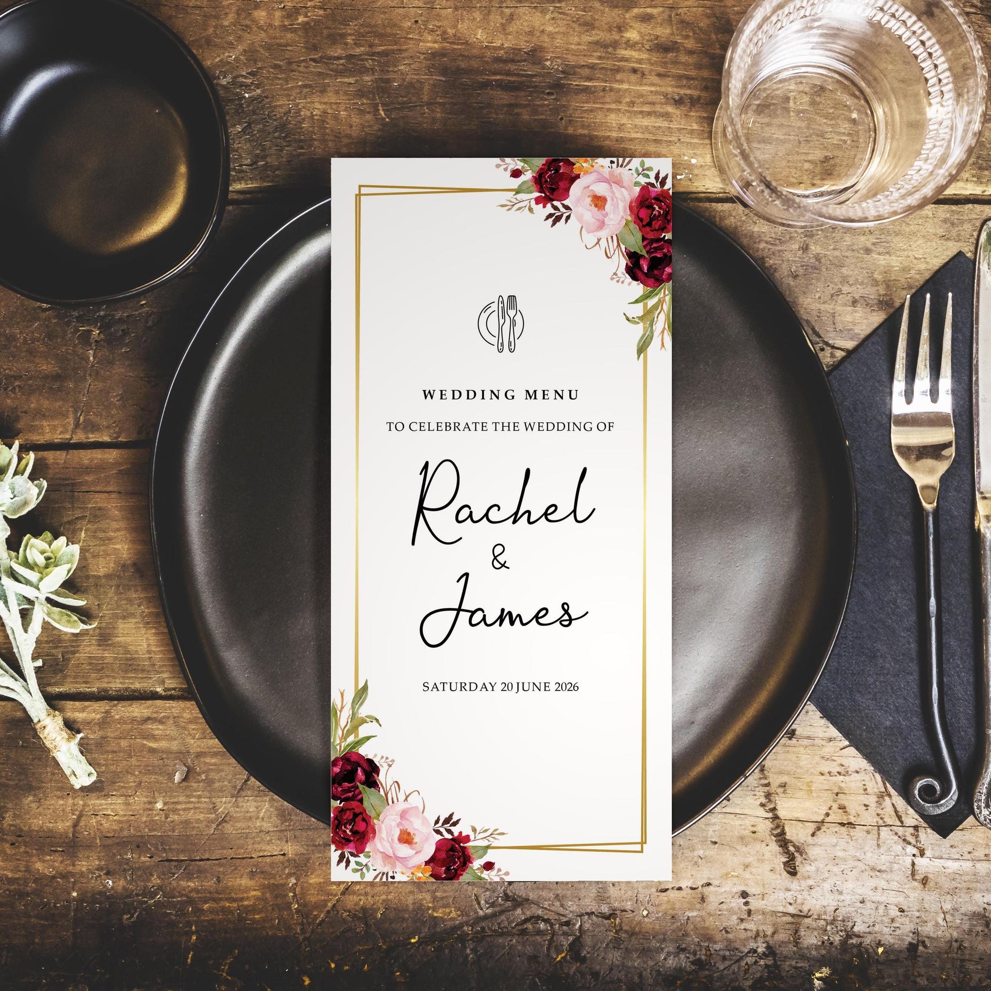 Burgundy and pink floral wedding menus with a gold border personalised