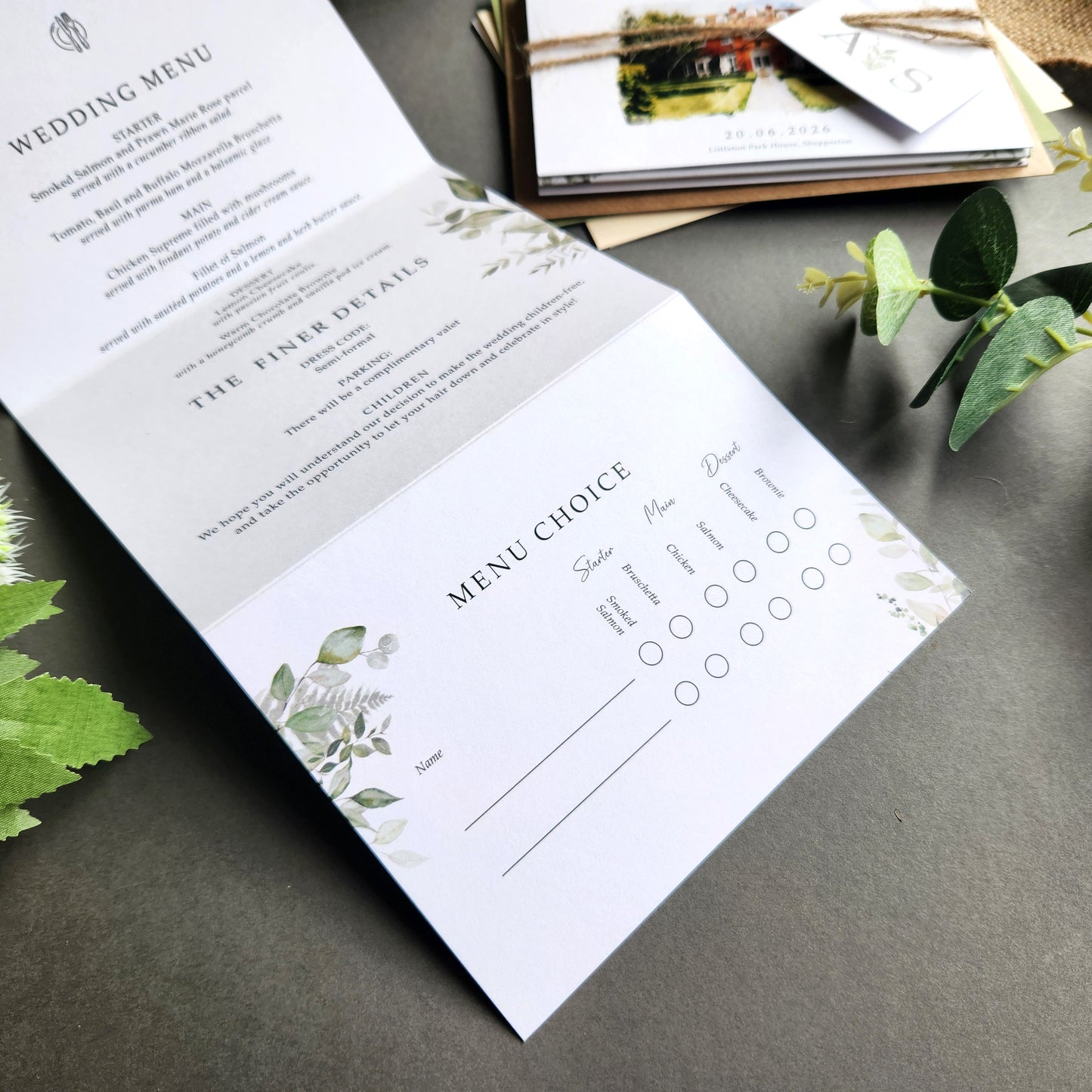 Venue watercolour wedding invitations featuring a painting illustration of your chosen wedding venue. Concertina fold wedding invites complete with personalised tags, rustic twine and a choice of envelopes.