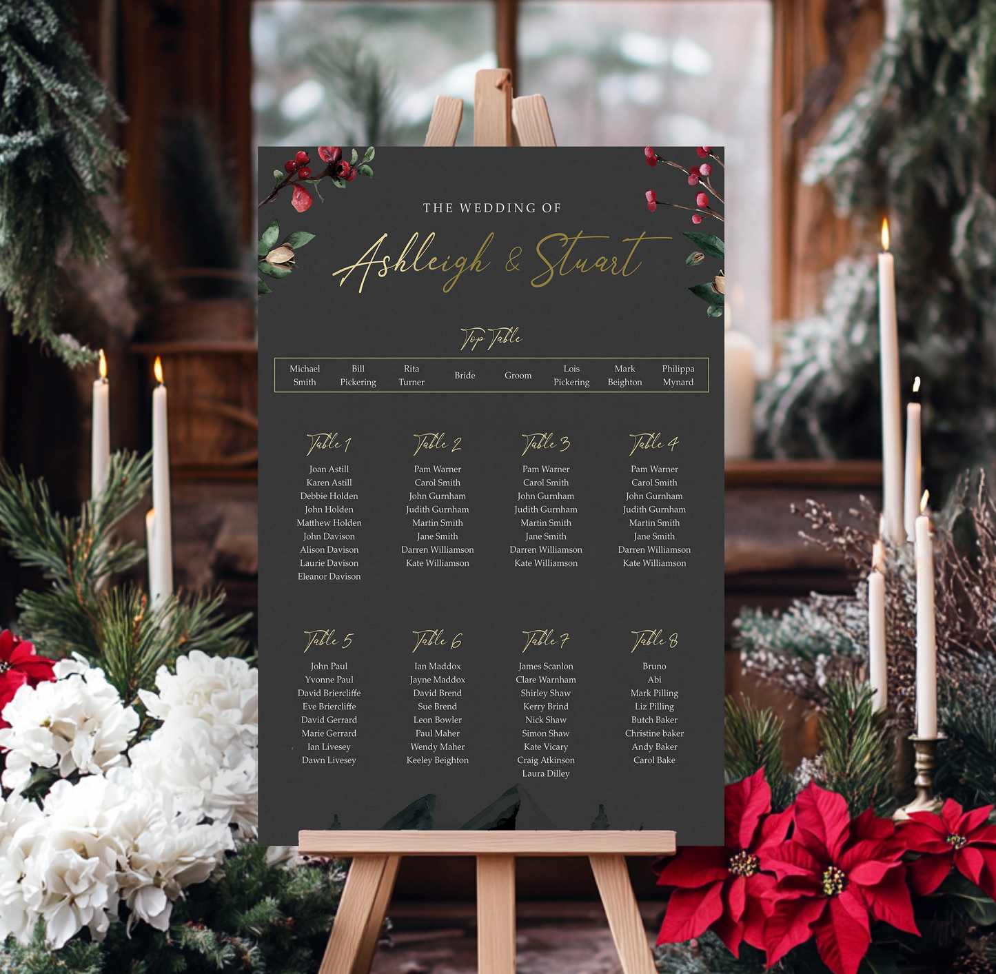 A wedding seating plan displayed on an easel, with a festive background of holiday decorations and candles.