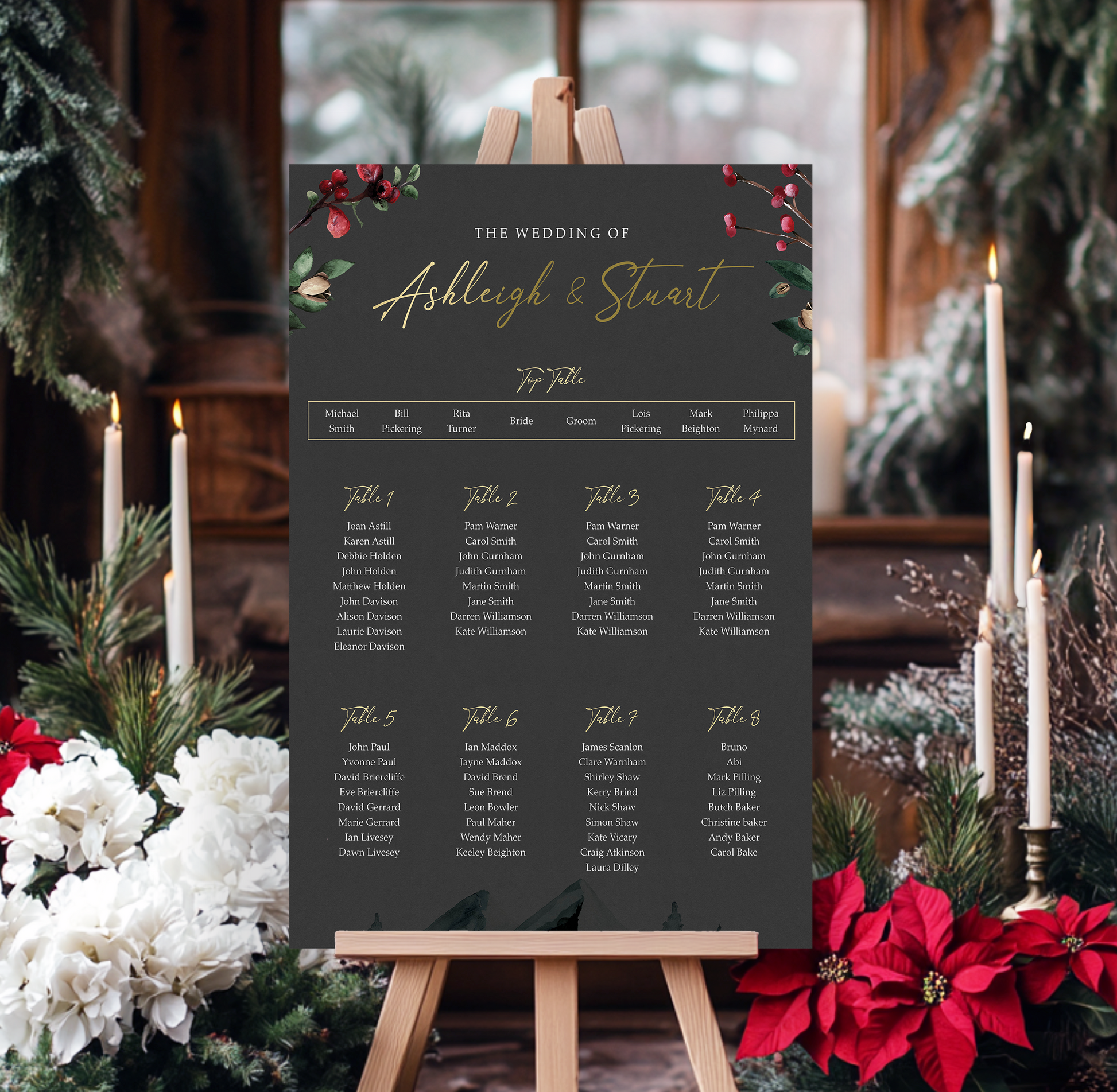 A wedding seating plan displayed on an easel, with a festive background of holiday decorations and candles.