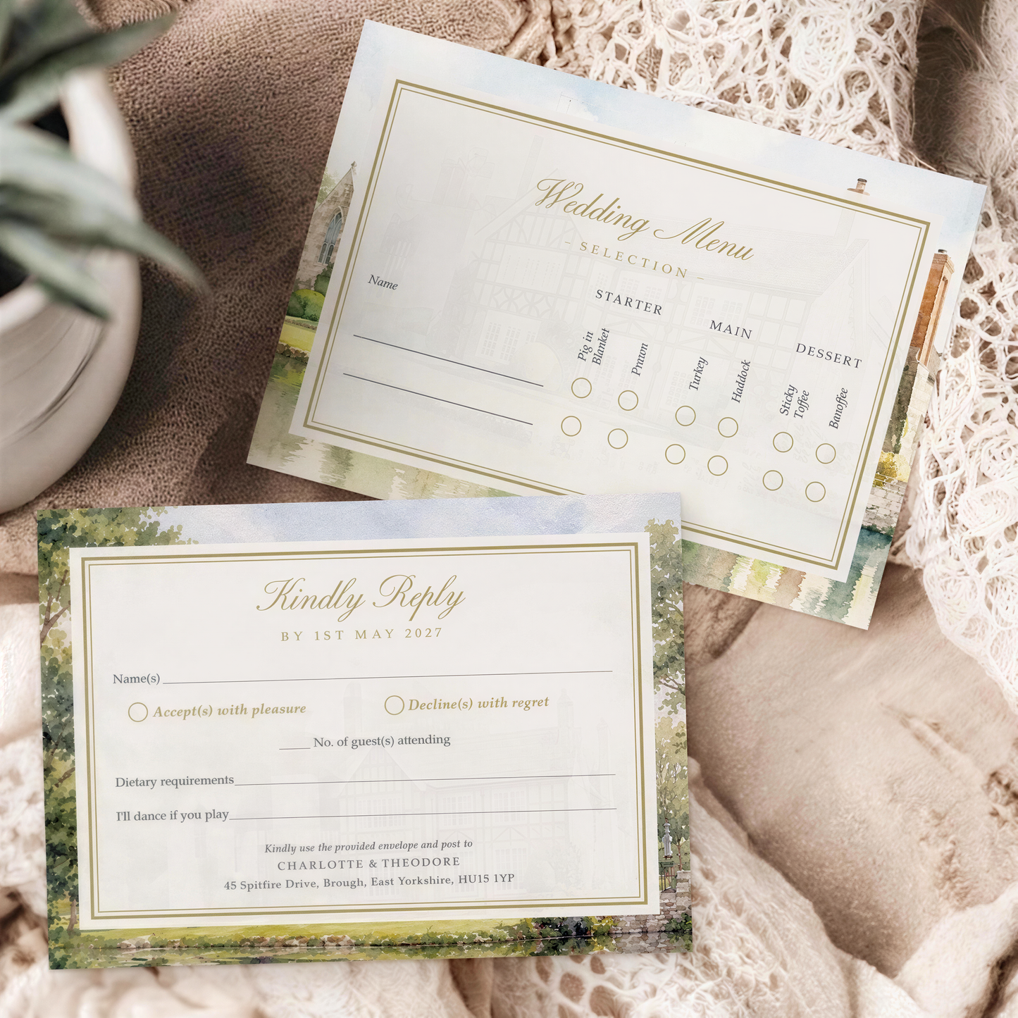 a wedding menu and a wedding reception card placed on a table with a lace doily.