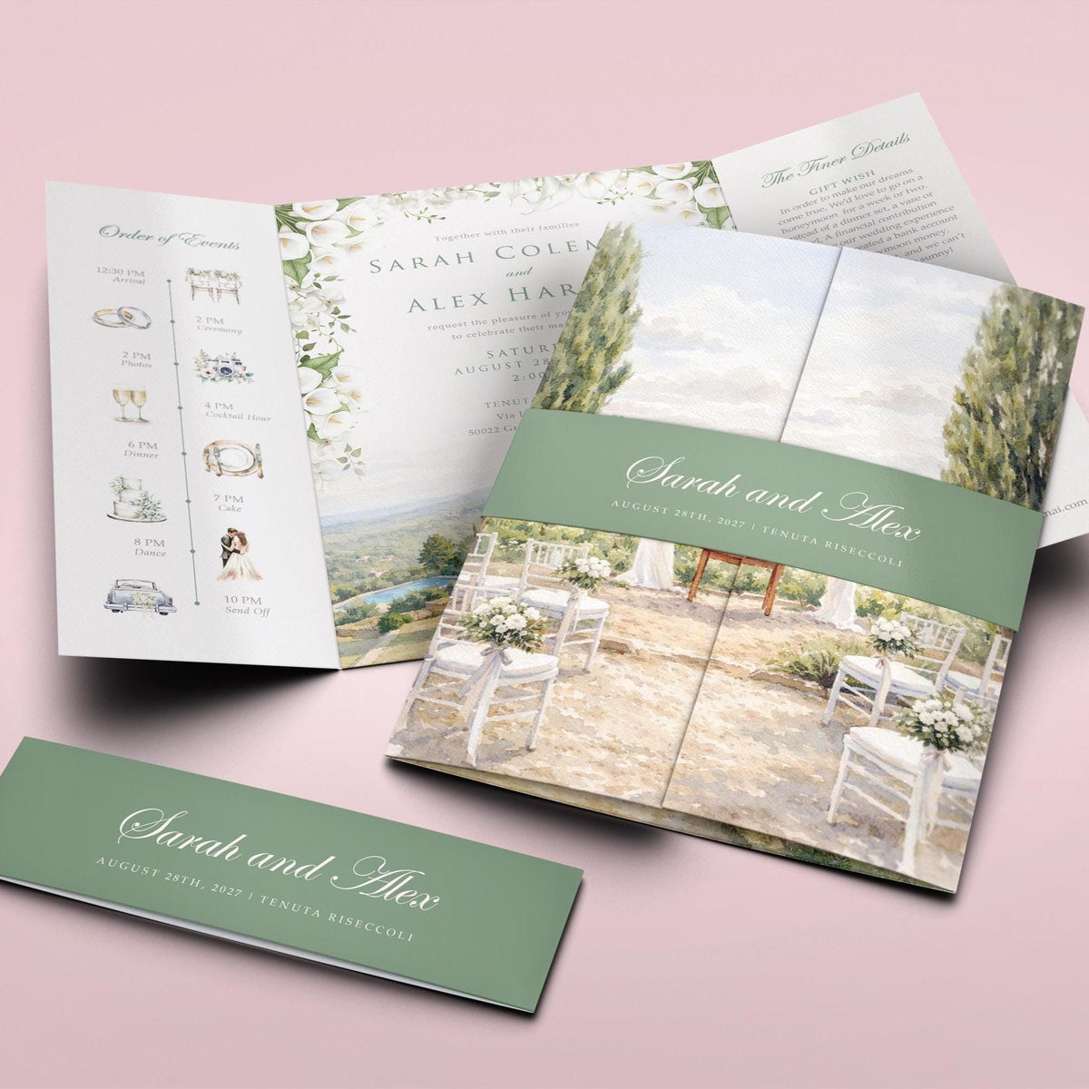 watercolour venue wedding invitations featuring your own venue customised to a venue sketch on a gatefold with bellyband
