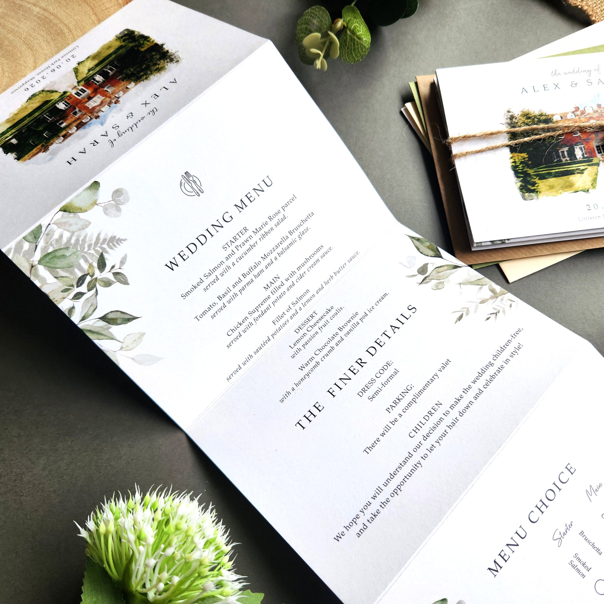 Venue watercolour wedding invitations featuring a painting illustration of your chosen wedding venue. Concertina fold wedding invites complete with personalised tags, rustic twine and a choice of envelopes.