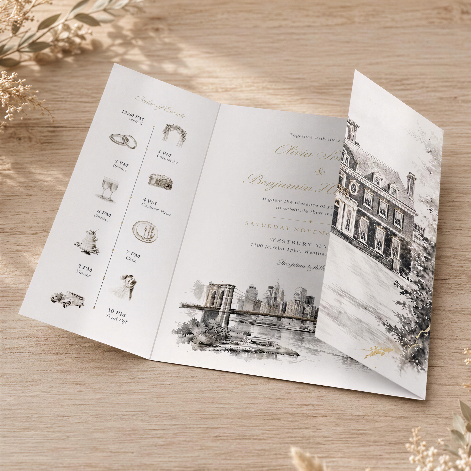 A wedding invitation featuring a detailed illustration of a building and a river, along with a schedule of events and a list of guests.