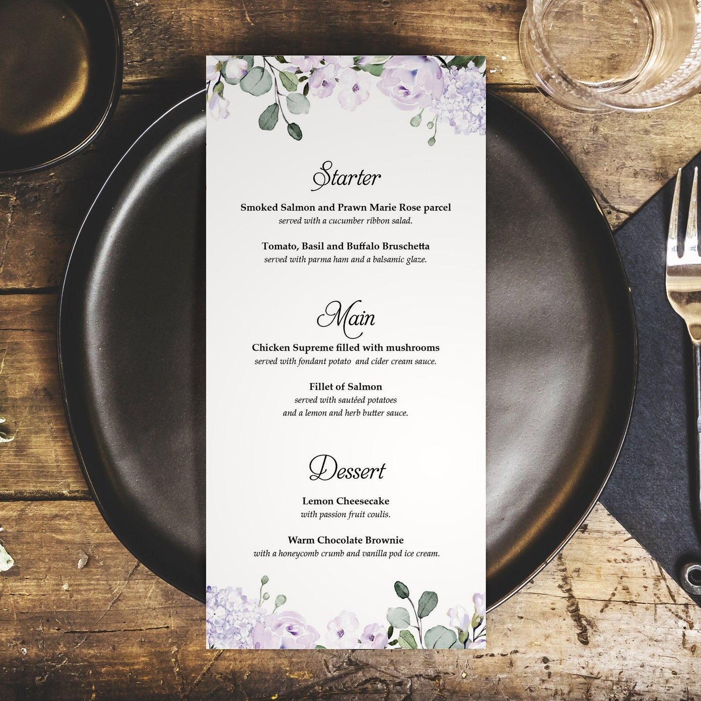 Personalised Wedding Menus – Lilac Floral DL Size Menu Cards