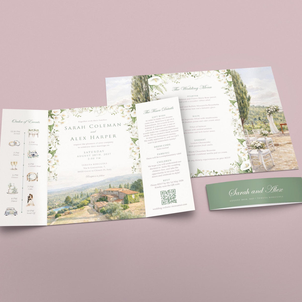 A wedding invitation featuring a scenic countryside landscape with a building and trees, along with a wedding menu and a green card with the names 'Sara and Alex' and the date 'August 13, 2017'.