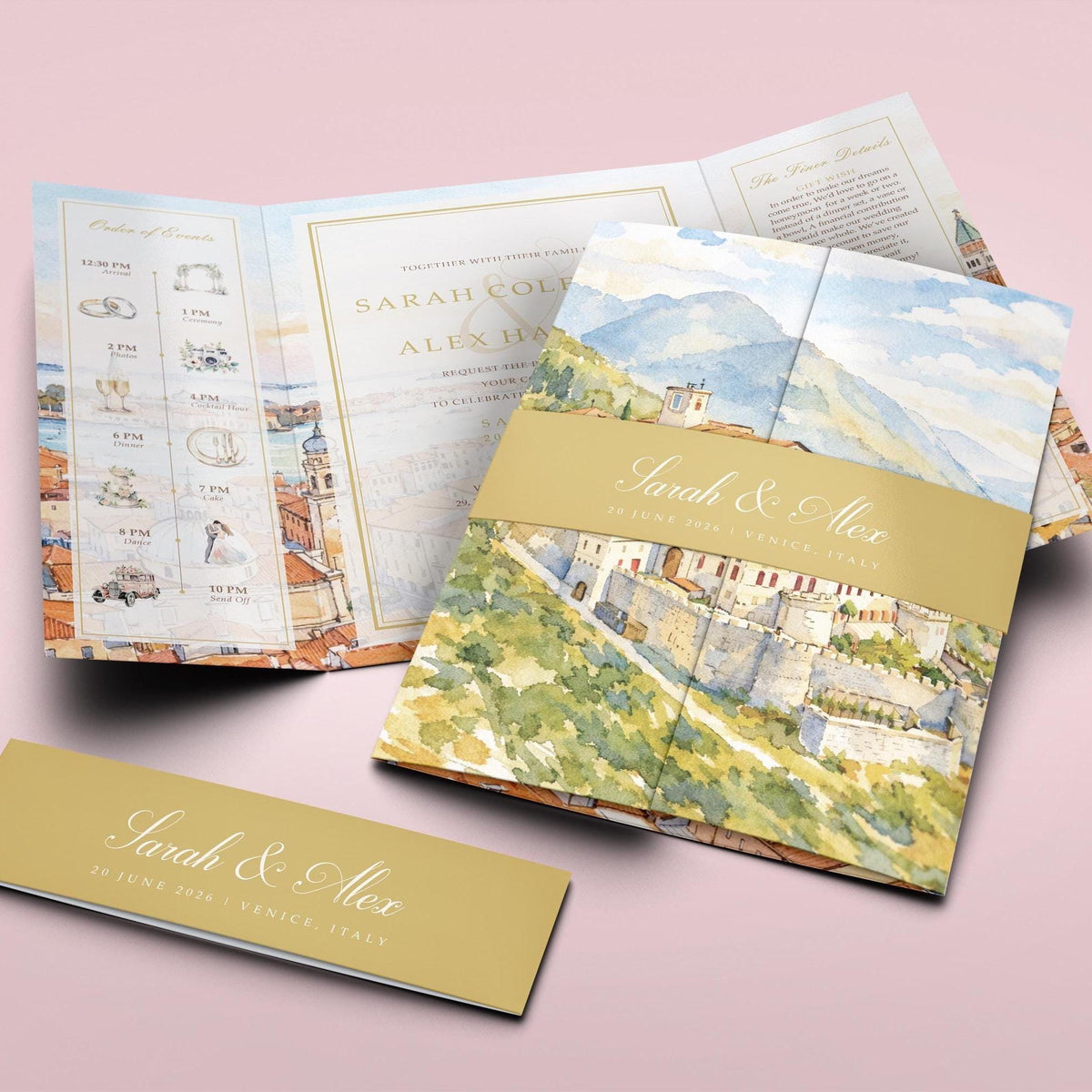 a wedding invitation with a watercolor illustration of a castle and mountains, along with details about the event.