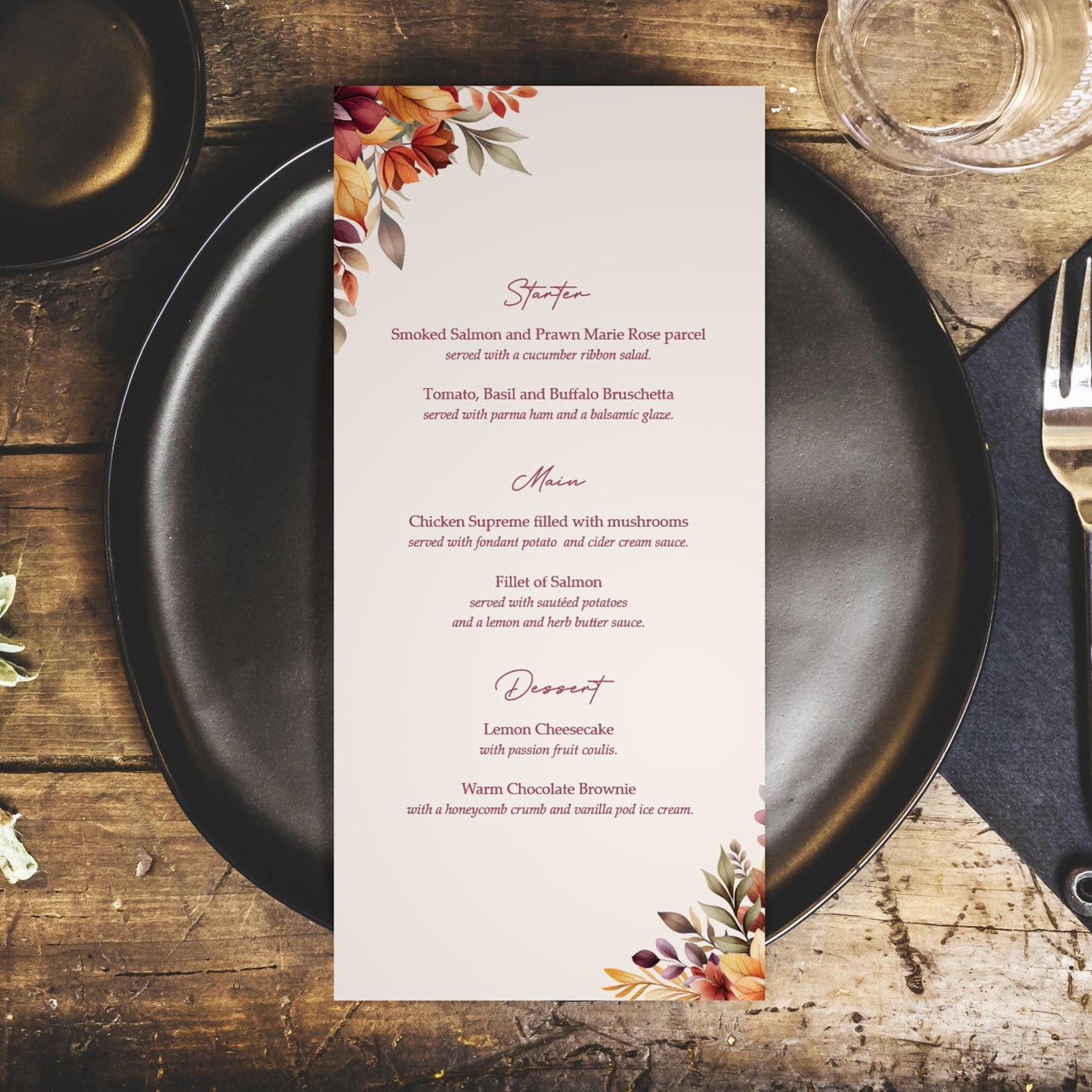 Personalised Wedding Menus - Autumn DL Size Burgundy Orange & Red Menu Cards