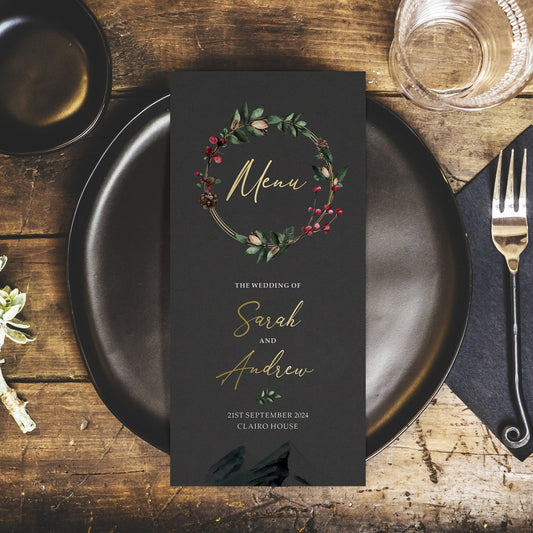 Winter Wedding Menus - Christmas DL Size Menus With Holly & Berries