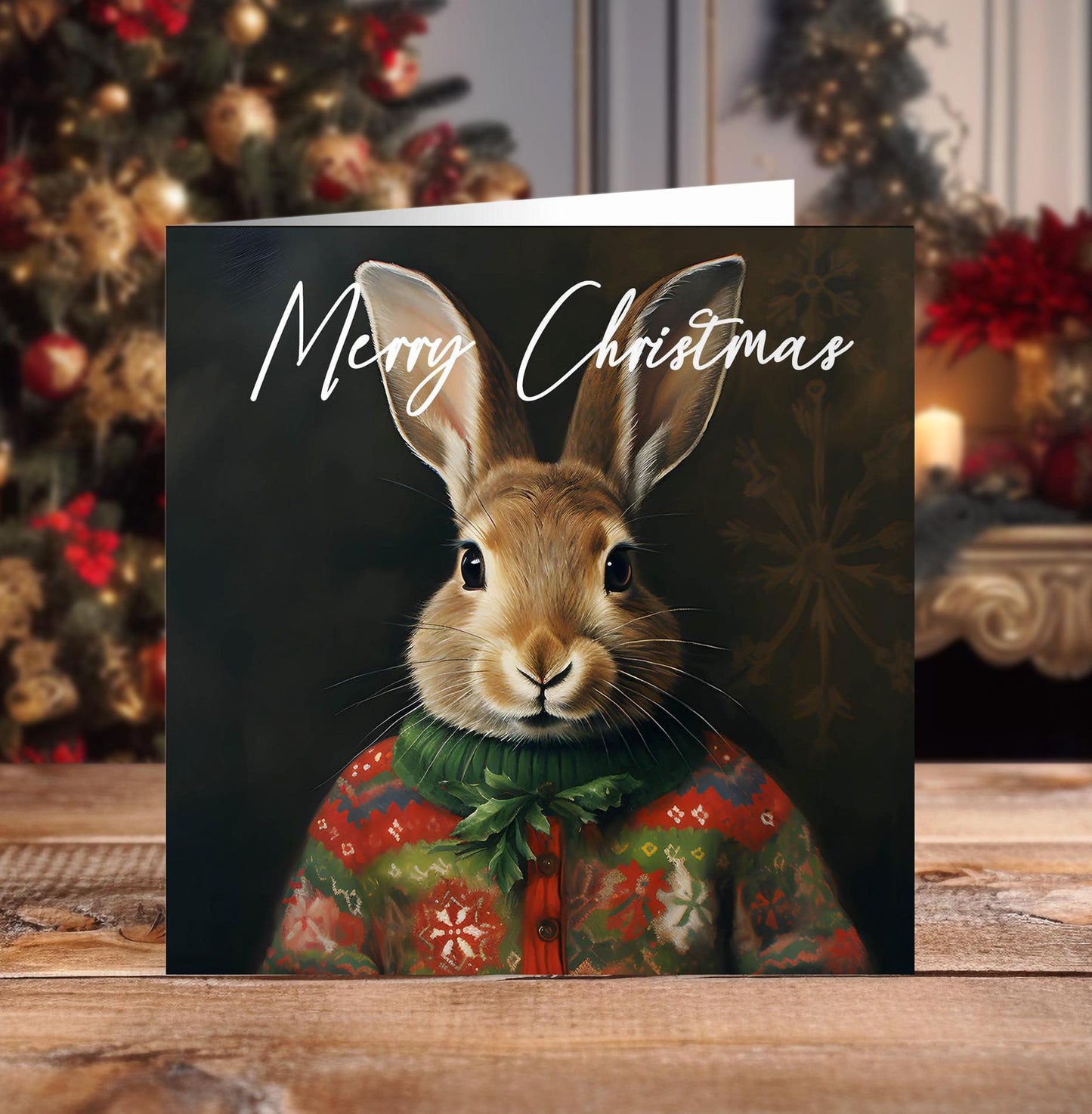 Hare handmade christmas card with kraft envelopes square design and optional personalisation