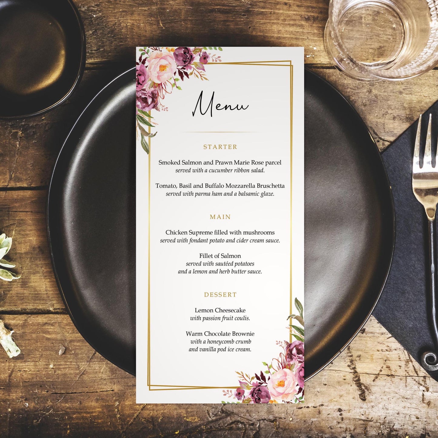 blush gold wedding menu with pink florals