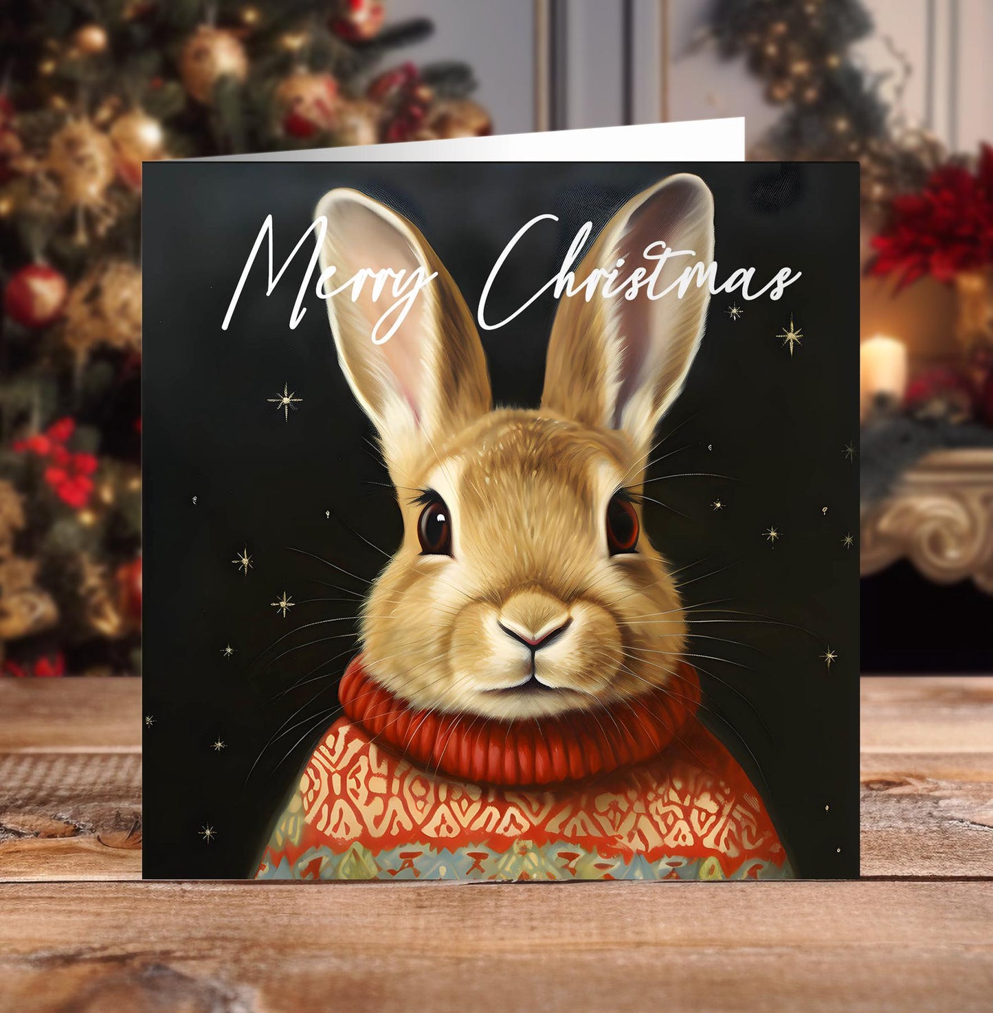 Hare handmade christmas card with kraft envelopes square design and optional personalisation