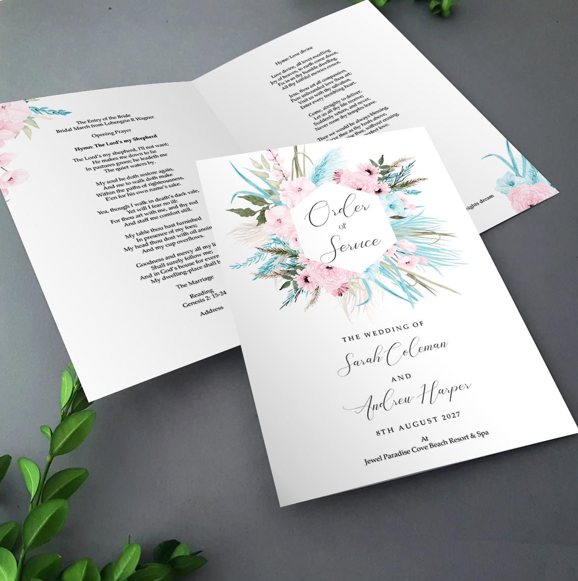 boho order of service pink blue grasses and florals wedding programmes