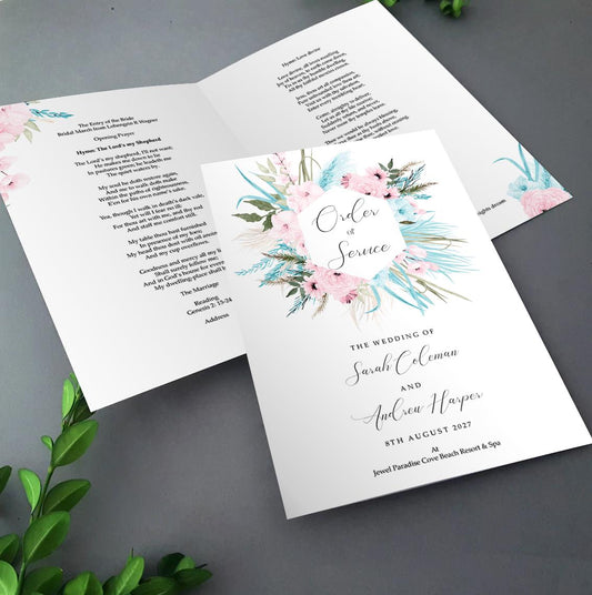 boho order of service pink blue grasses and florals wedding programmes