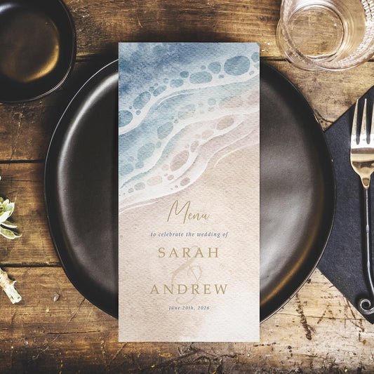Beach sea and sand wedding menus personalised perfect for a destination coastal wedding