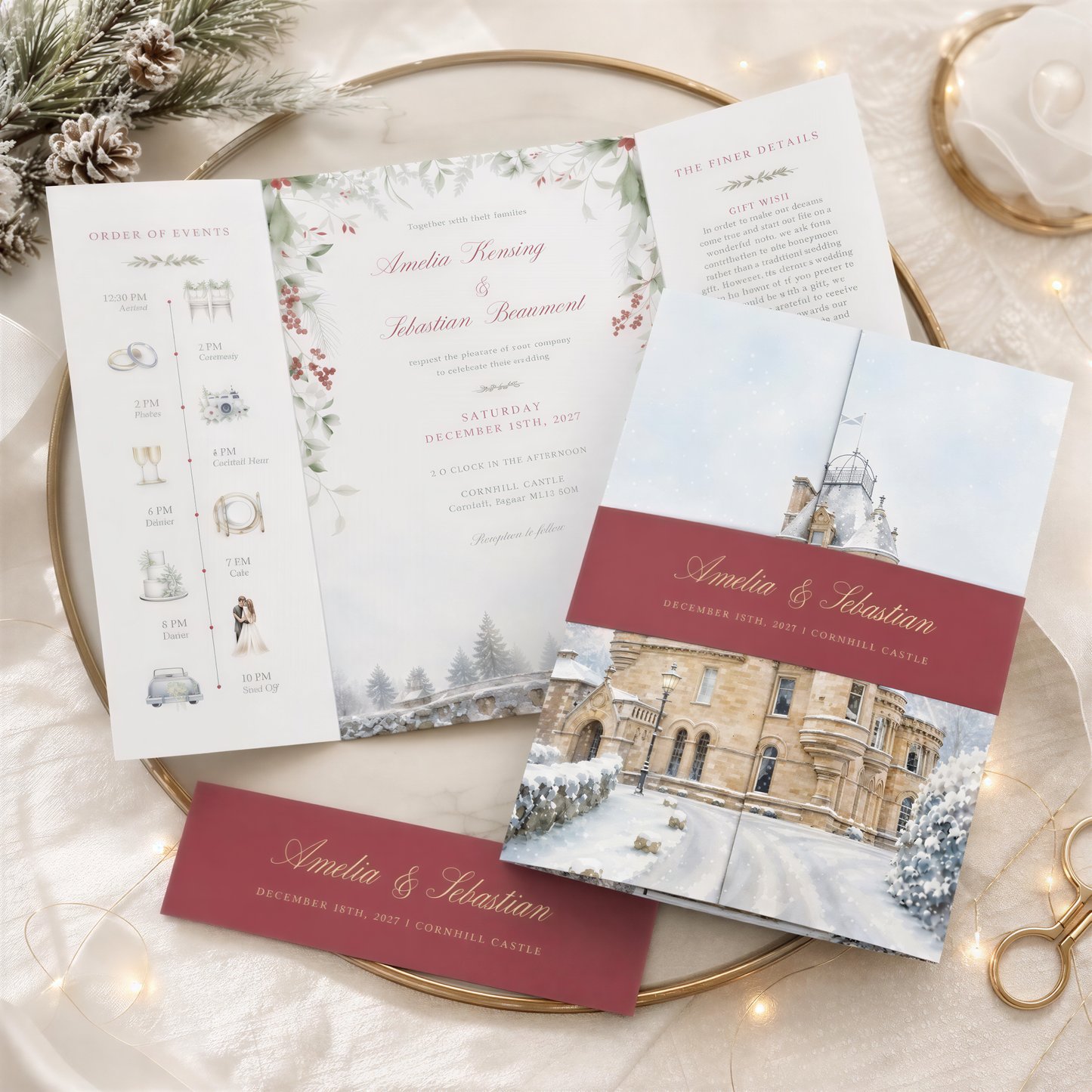 winter wedding invitation features custom venue watercolour with a winter scene, burgundy belly band and envelopes. Also features order of day. menu and RSVP