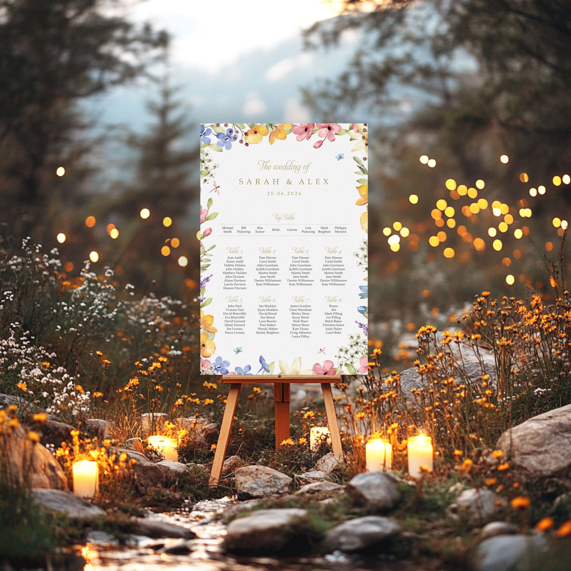 A wedding reception seating plan is displayed on an easel in a garden setting, surrounded by lit candles and a natural landscape.