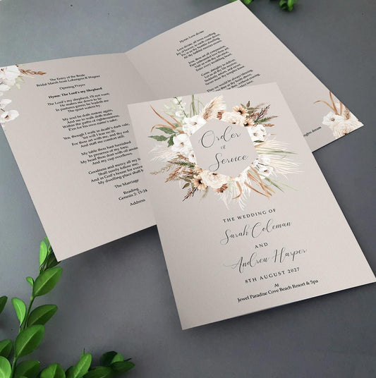 Boho order of service wedding programmes feeaturing nudes and neutrals grasses and florals