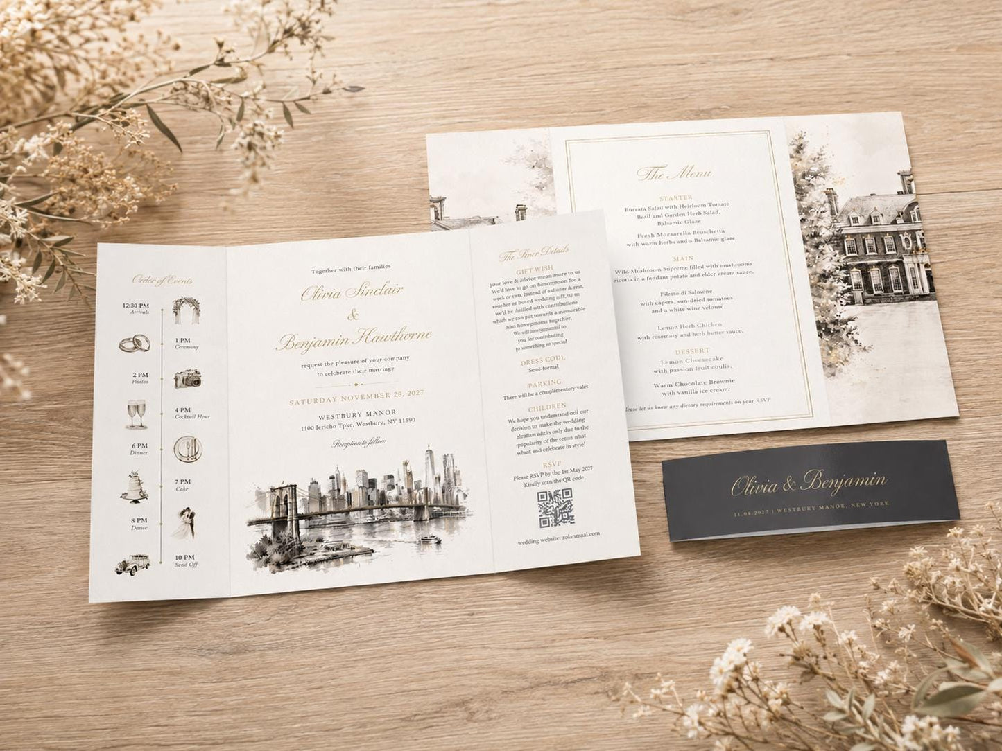 Custom Venue Watercolour Wedding Invitation - Rustic Ink Wash