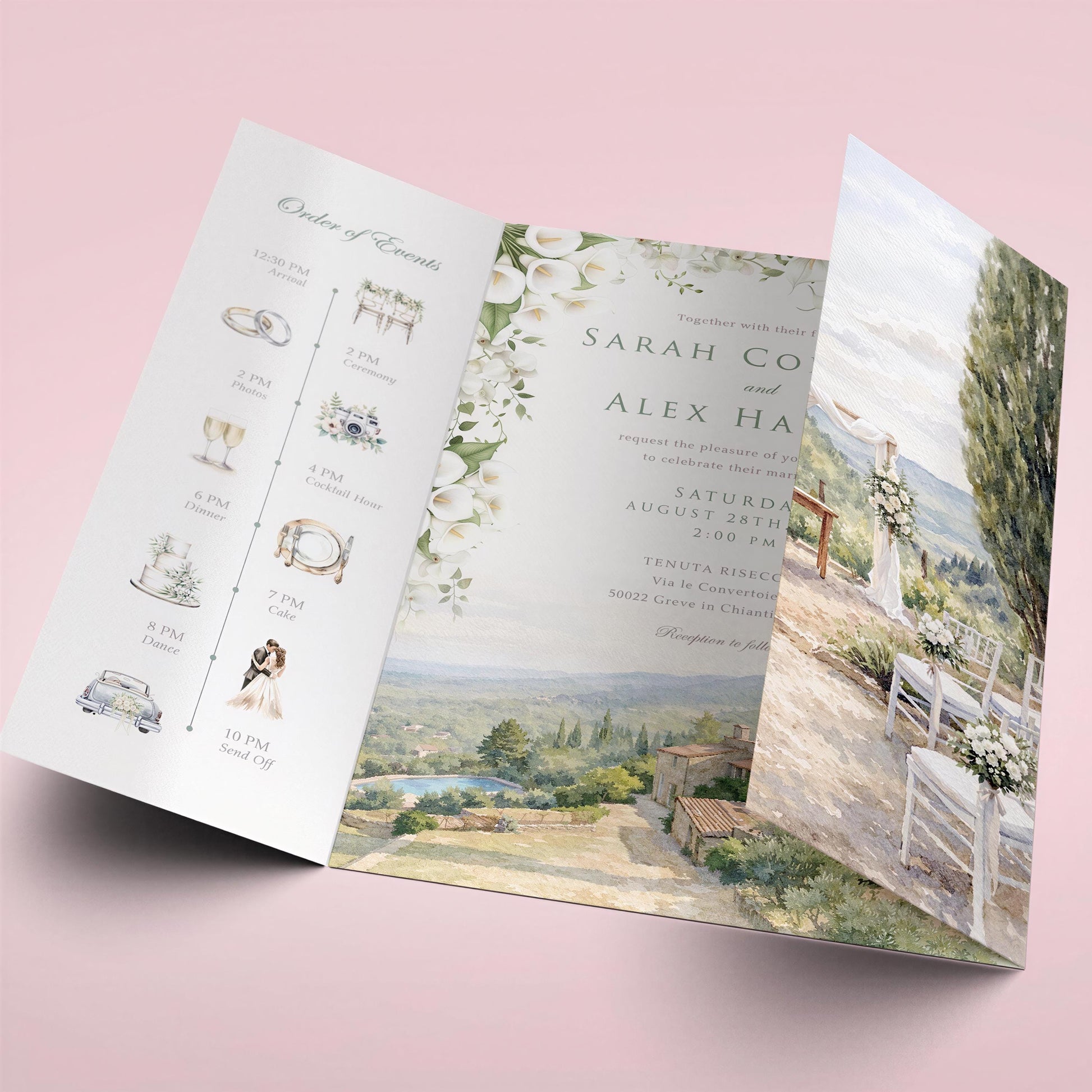 A wedding invitation featuring a scenic outdoor setting with a table and chairs, along with a schedule of events and a floral design.