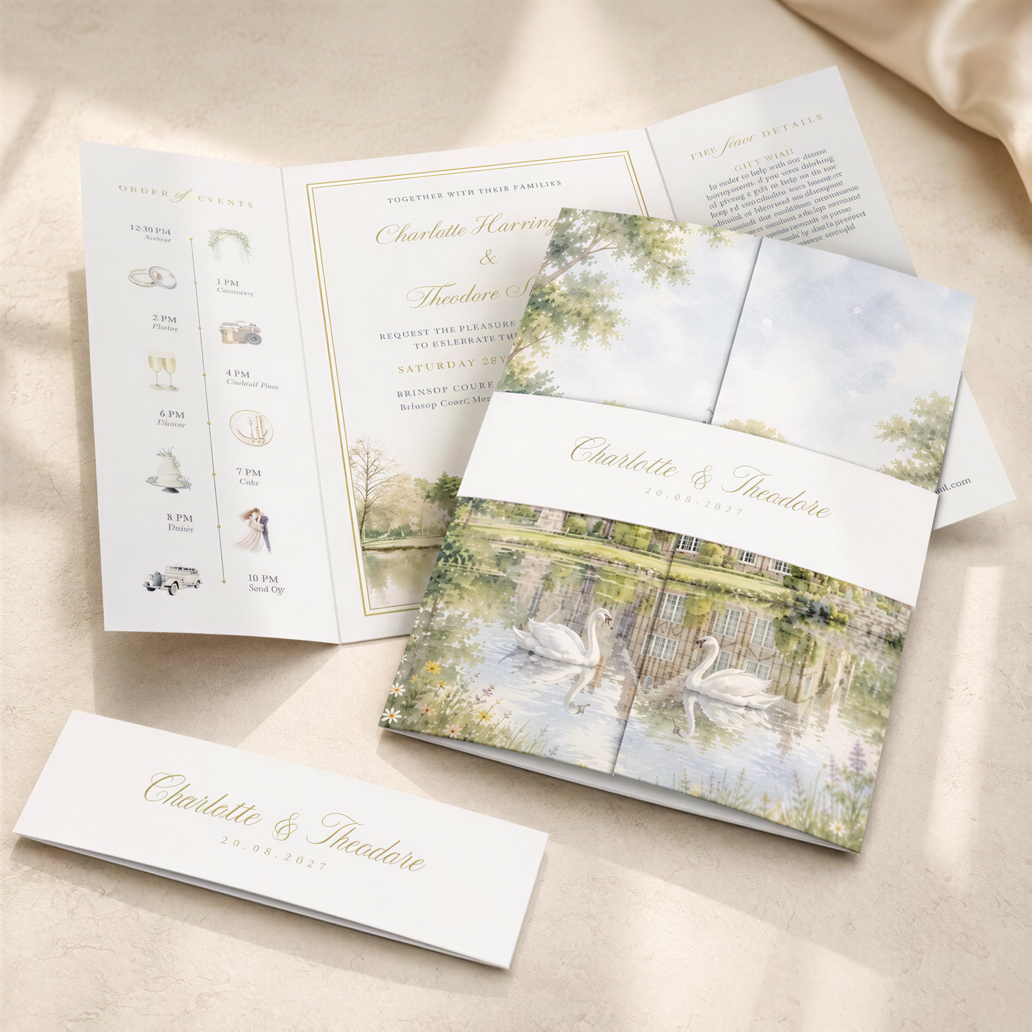 A wedding invitation featuring a scenic lake and swans, with details about the wedding ceremony and reception.