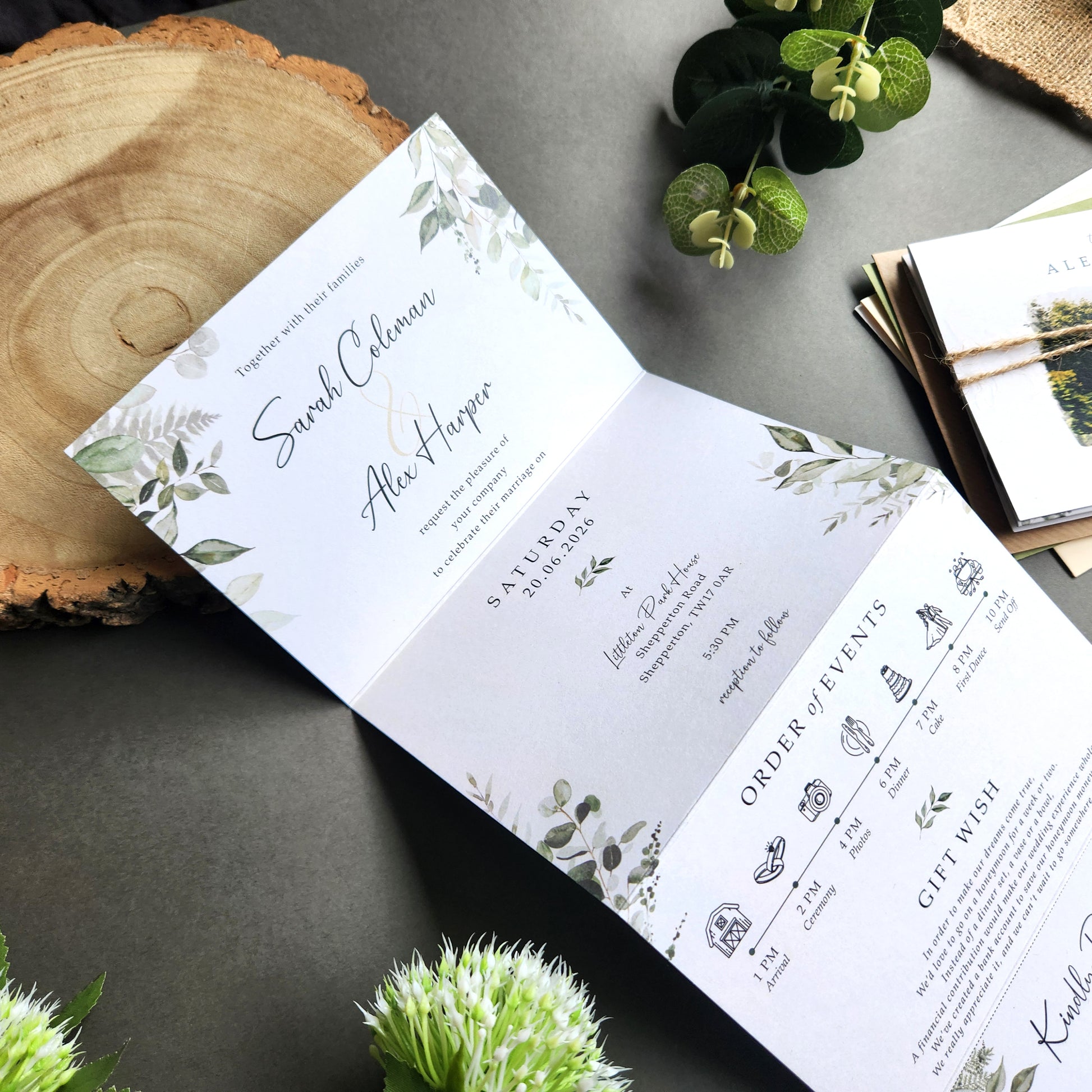 Venue watercolour wedding invitations featuring a painting illustration of your chosen wedding venue. Concertina fold wedding invites complete with personalised tags, rustic twine and a choice of envelopes.