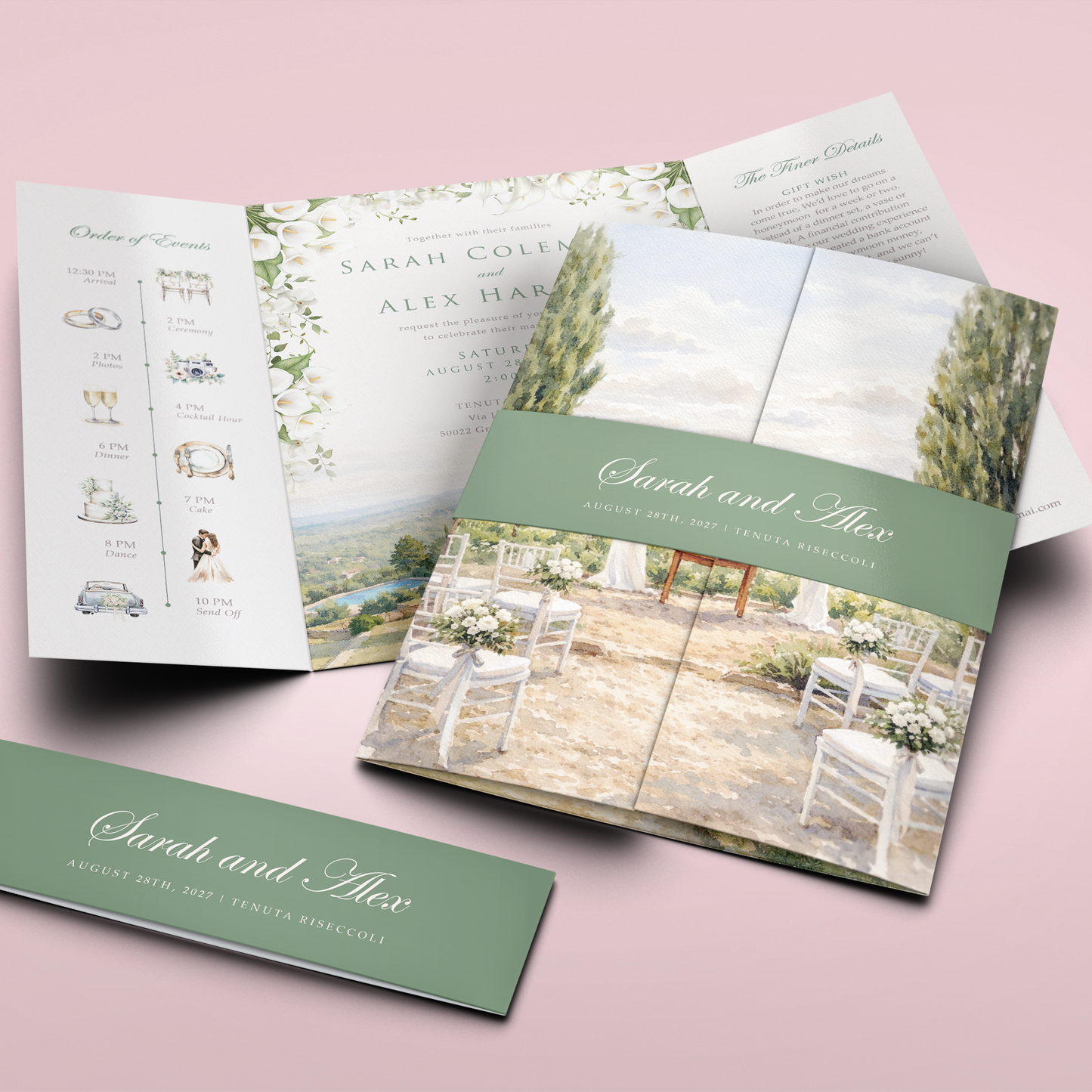 A wedding invitation suite displayed on a soft pink background, including a folded brochure with a garden and outdoor ceremony photo, an interior page with event details, and a matching green card reading 'Sarah and Alex'.