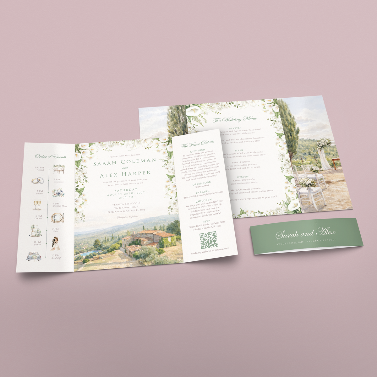A wedding invitation suite displayed on a dusty pink background, including a tri-fold program, an insert card, a website banner, and a green business card.