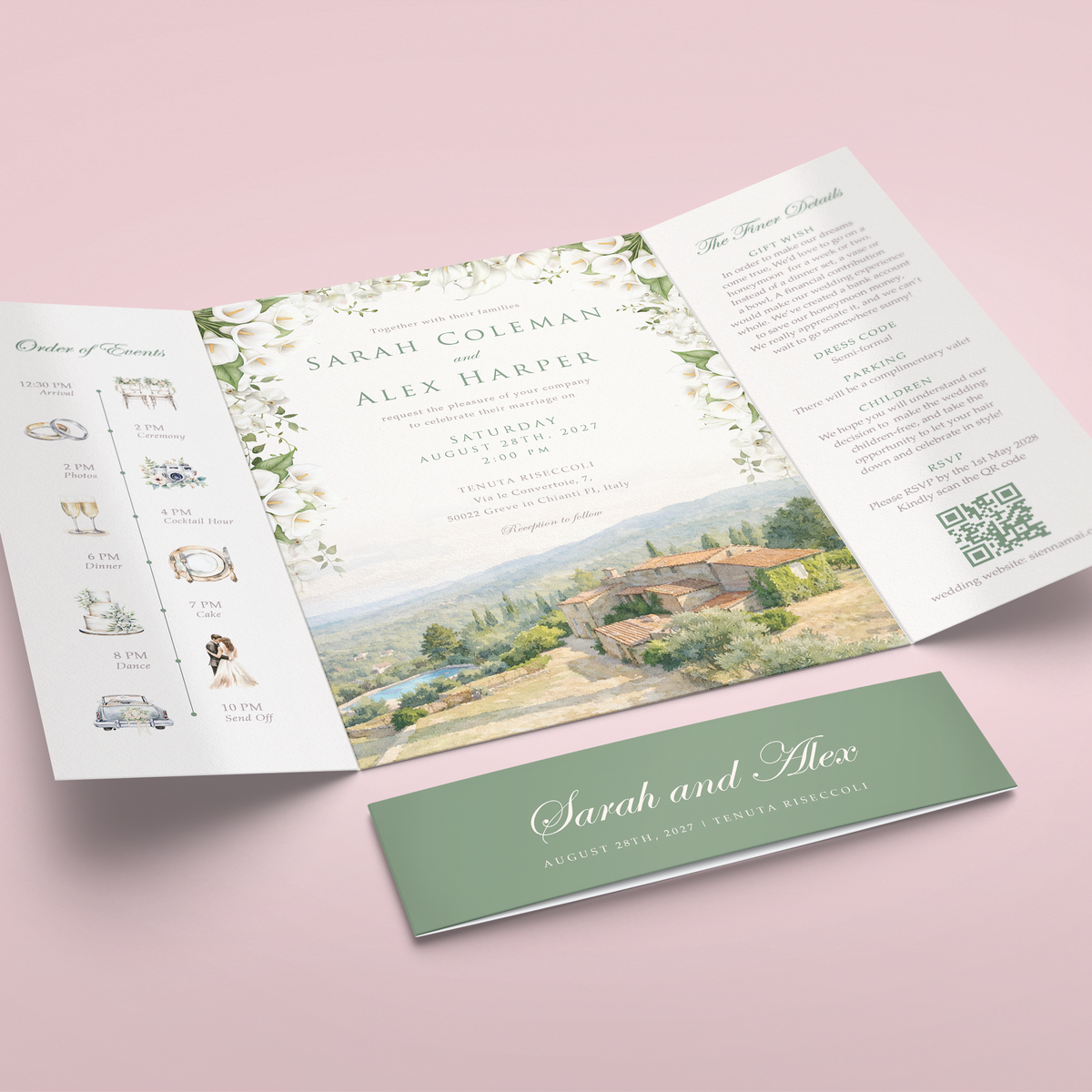 An open tri-fold wedding invitation card set displayed on a soft pink background, with a matching green card placed in front. The invitation features floral borders, scenic landscape photography, and elegant typography.