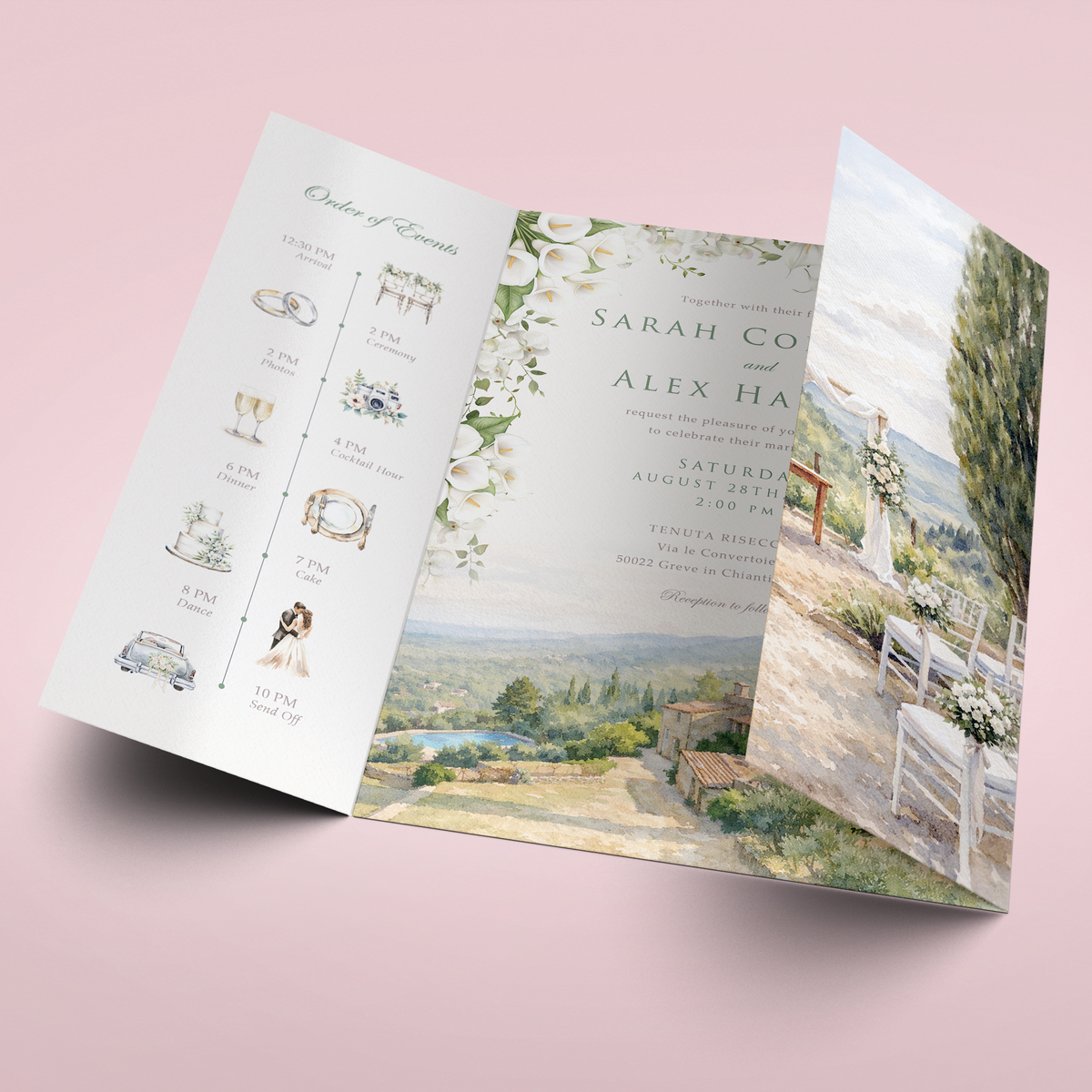 An open wedding invitation card set displayed on a soft pink background. The invitation features a pastel landscape illustration with white chairs, greenery, and elegant script text, alongside a vertical floral photo strip on the right.