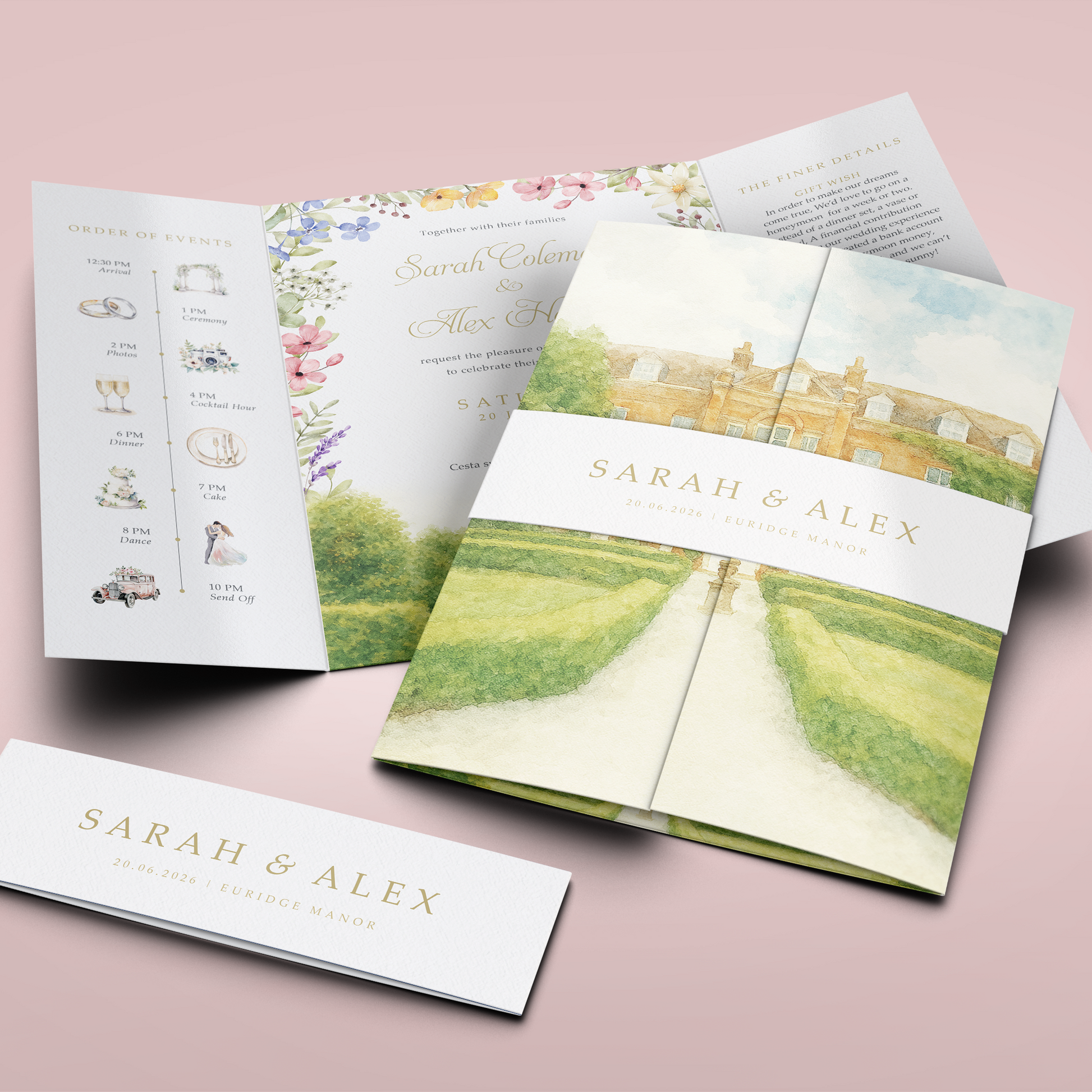 Wedding invitation set with watercolour illustration of your venue design with colourful florals