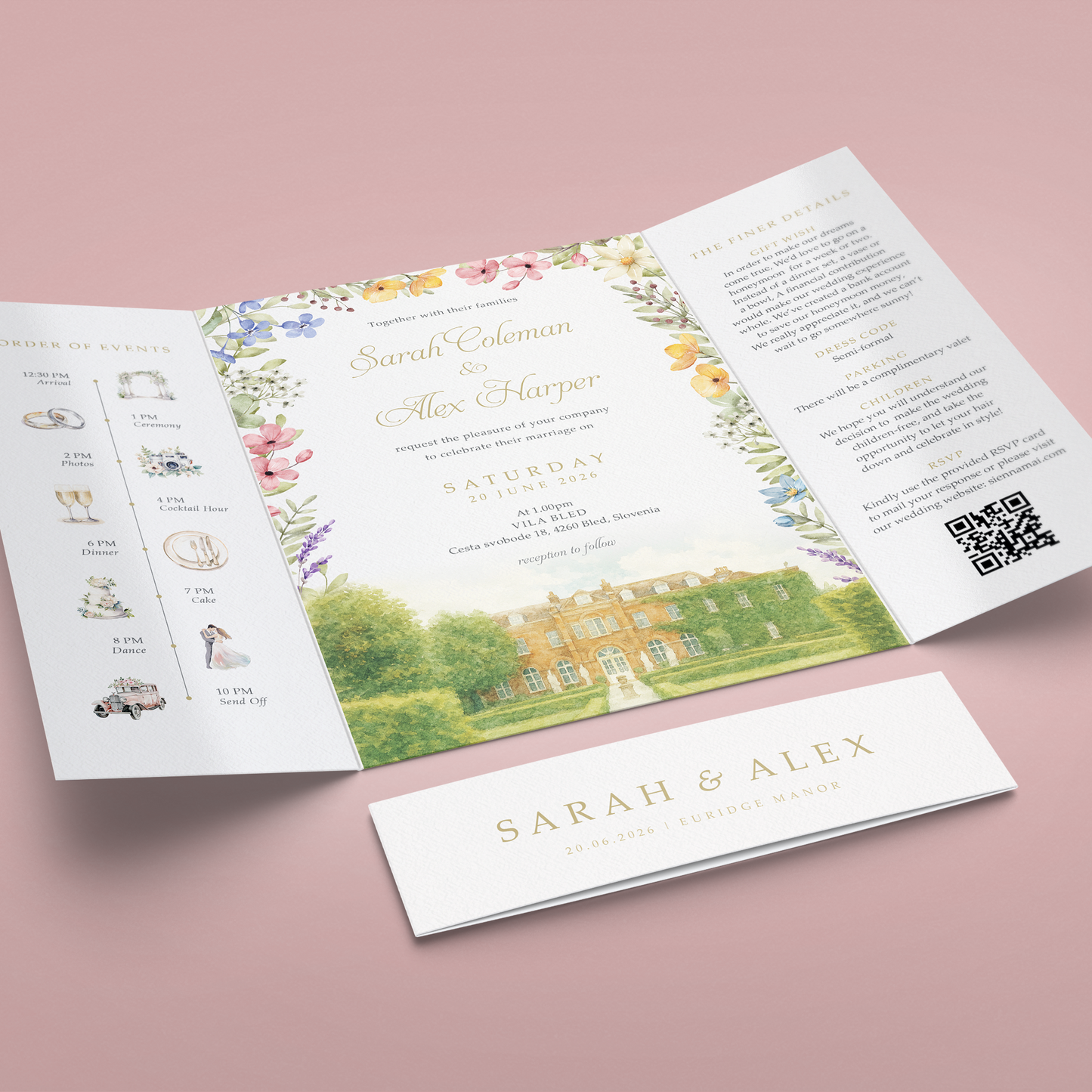 Wedding invitation card with scenic illustration and QR code on a pink background