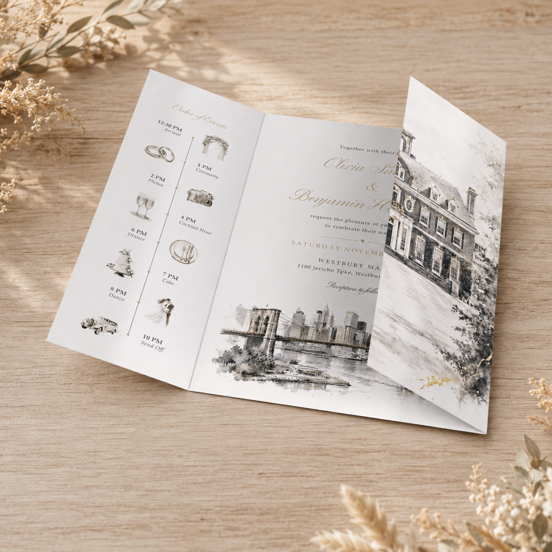 Custom Venue Watercolour Wedding Invitation - Rustic Ink Wash sample