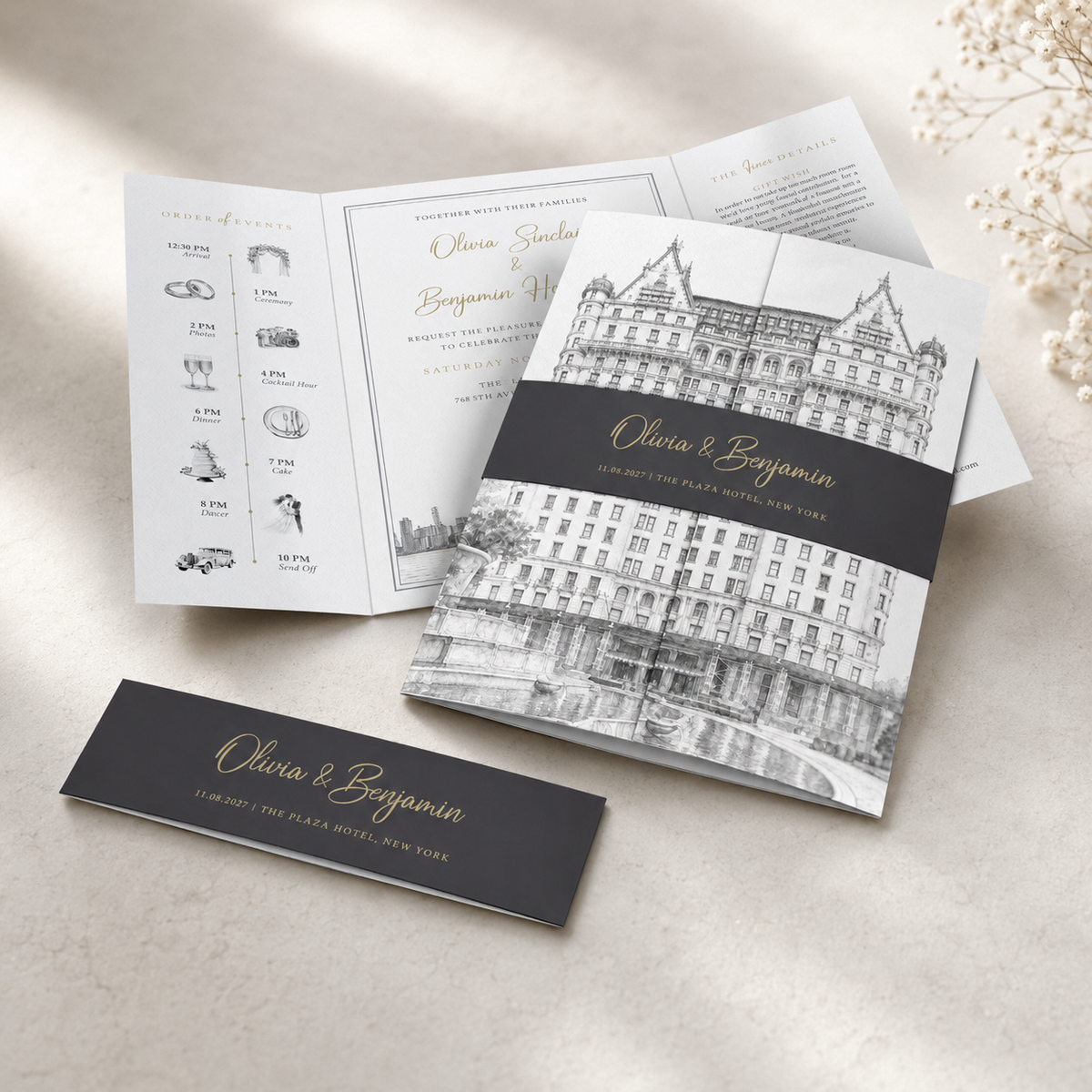 Black & White Monochrome Watercolour Wedding Invitation Sample