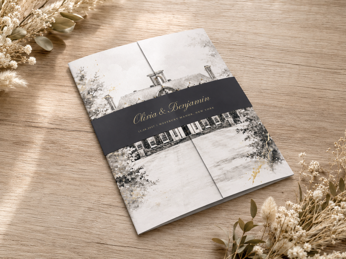 Custom Venue Watercolour Wedding Invitation - Rustic Ink Wash sample