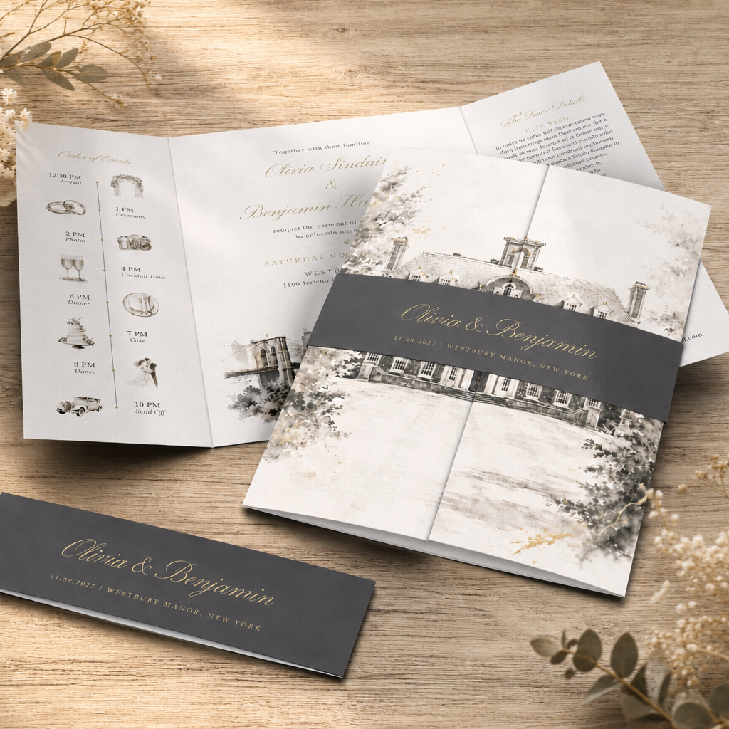 A styled flat-lay of wedding stationery on a wooden surface, including an open tri-fold program booklet, a folded program cover with a dark gray band, and a matching dark gray card, all printed with the names 'Chris & Benjamin' and gold script. Dried flowers frame the scene.