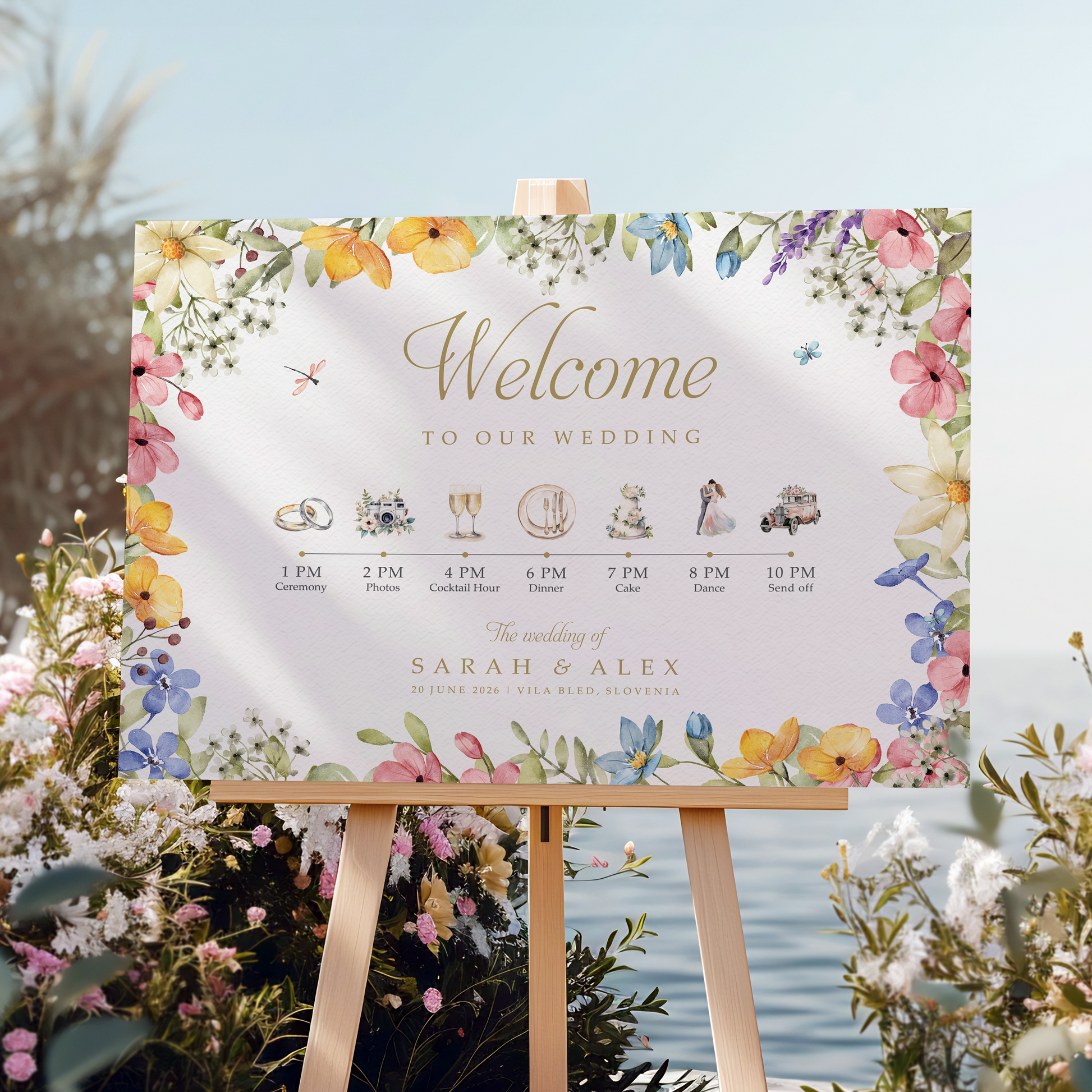 Wedding welcome sign on an easel with floral decorations