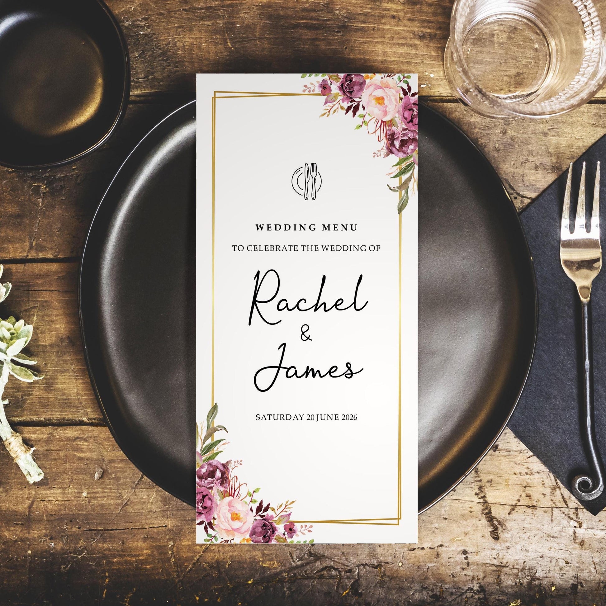 blush gold wedding menu with pink florals