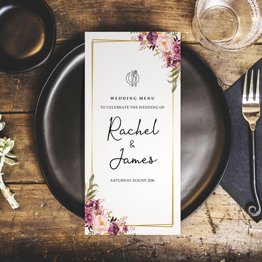 blush gold wedding menu with pink florals