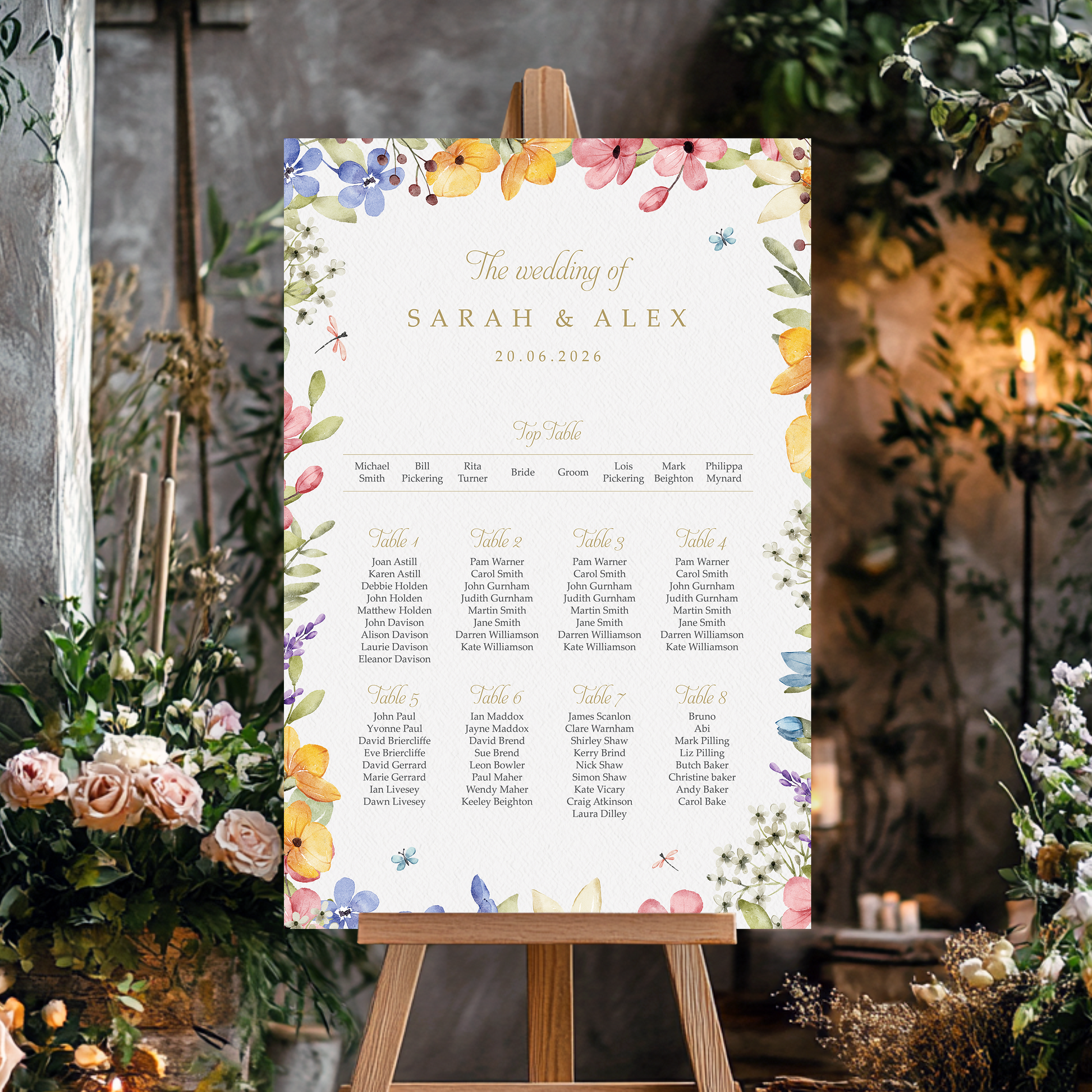 a wedding seating plan displayed on an easel, with a floral border surrounding the plan.
